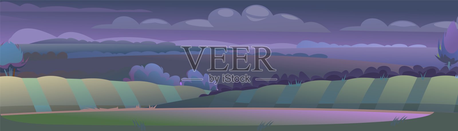 晚上农村景观。床在黄昏。农场花园和山丘的景色。平面风格的卡通设计。美丽的黑暗郊区场景。向量插画图片素材