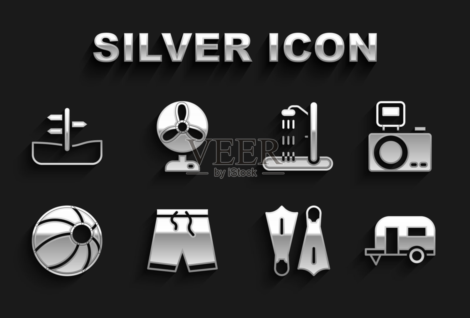 泳裤、带闪光灯相机、房车露营拖车、游泳用橡胶脚蹼、沙滩球、淋浴、道路交通标志、电风扇图标。向量图标素材