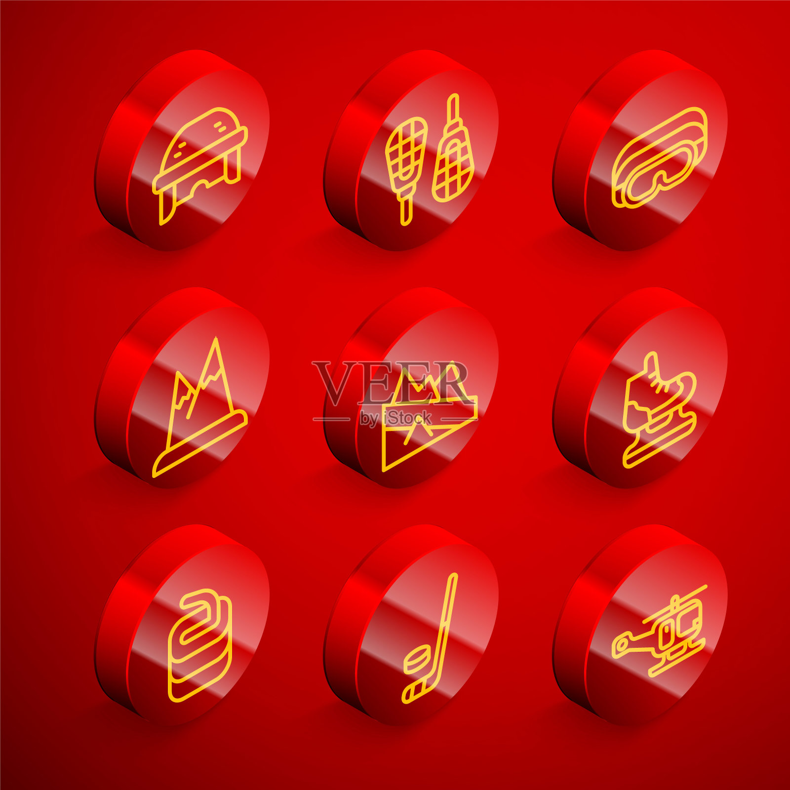 设置线曲棍球头盔，雪鞋，滑雪镜，山脉，下降，溜冰鞋，冰壶和冰球棍和冰球图标的石头。向量图标素材