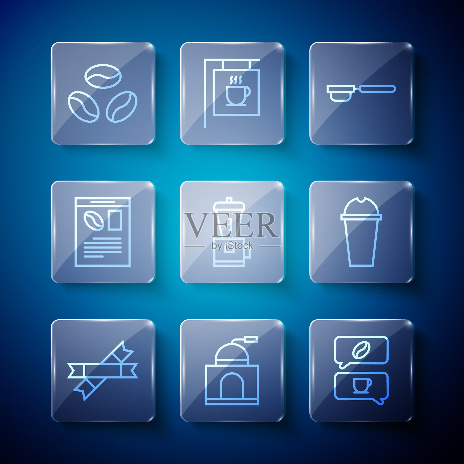 设置线糖棒包，手动咖啡研磨机，咖啡和对话，过滤器，电动，报纸，豆类和奶昔图标。向量图标素材