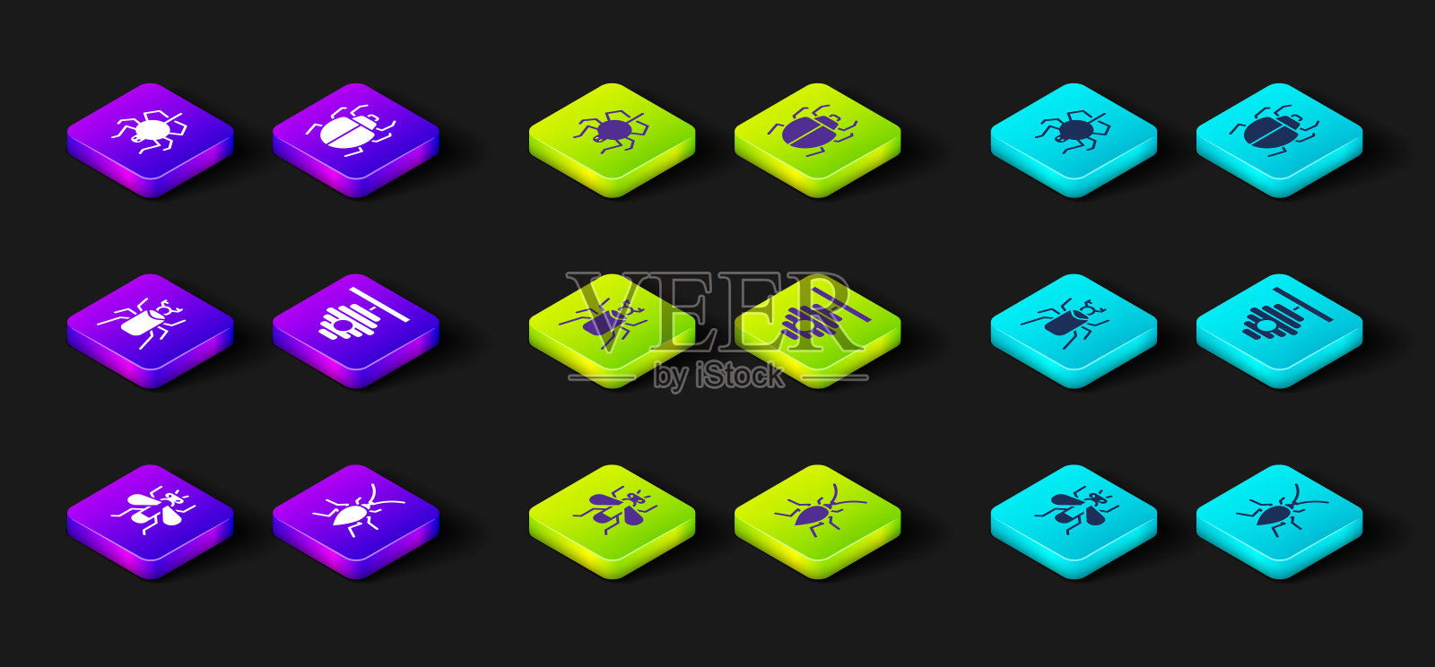 设置昆虫苍蝇，蟑螂，甲虫，蜂箱为蜜蜂，螨虫和蜘蛛图标。向量图标素材