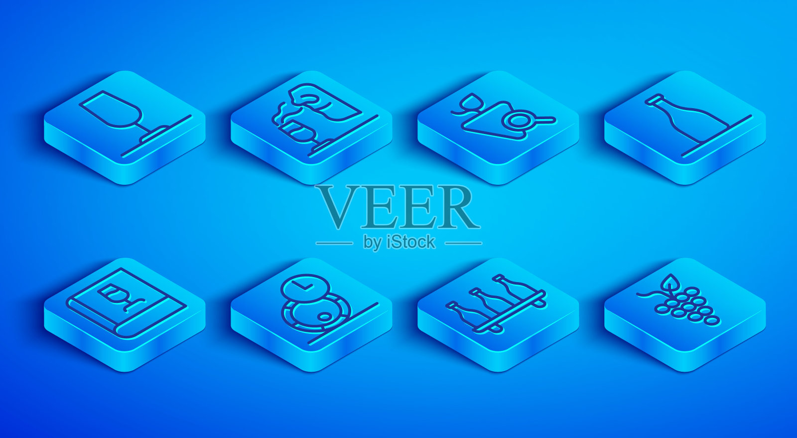 设置线酒杯，侍酒师，葡萄，木桶的葡萄酒，瓶，书的关于和串葡萄的图标。向量图标素材