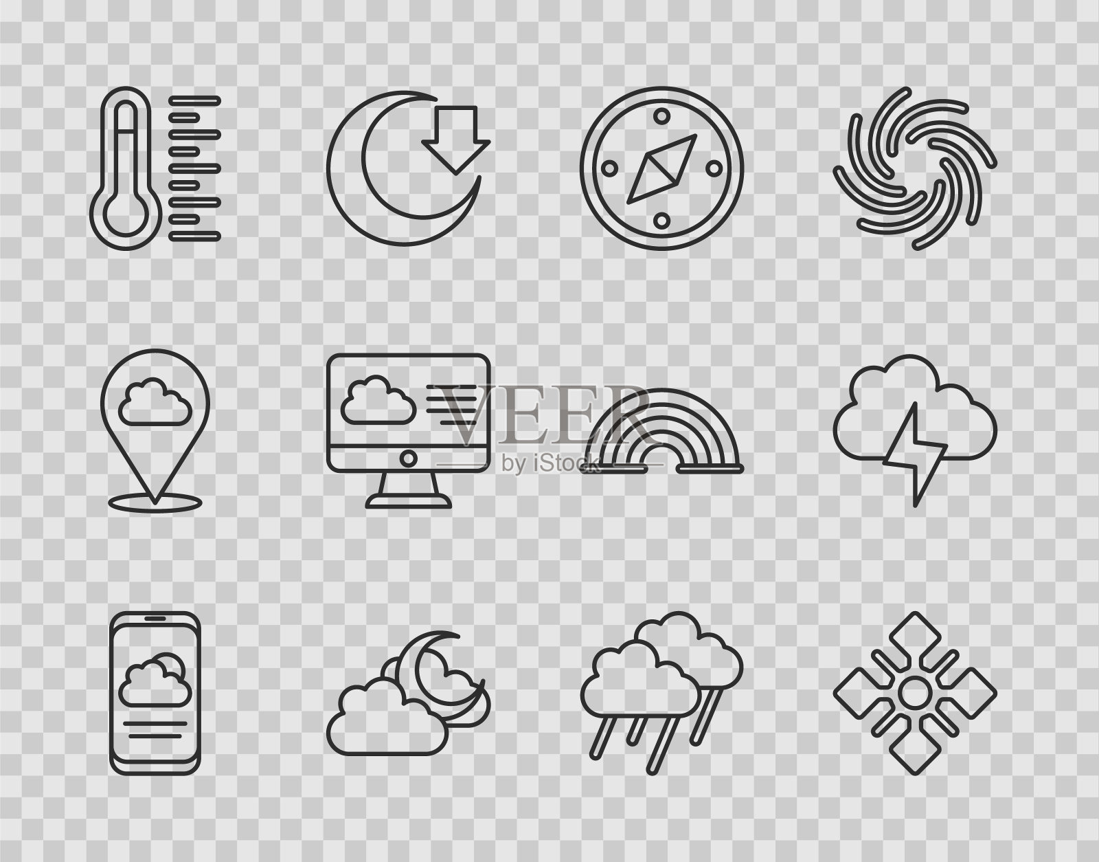 设置线天气预报，雪花，指南针，云与月亮，气象温度计，雨和风暴图标。向量图标素材