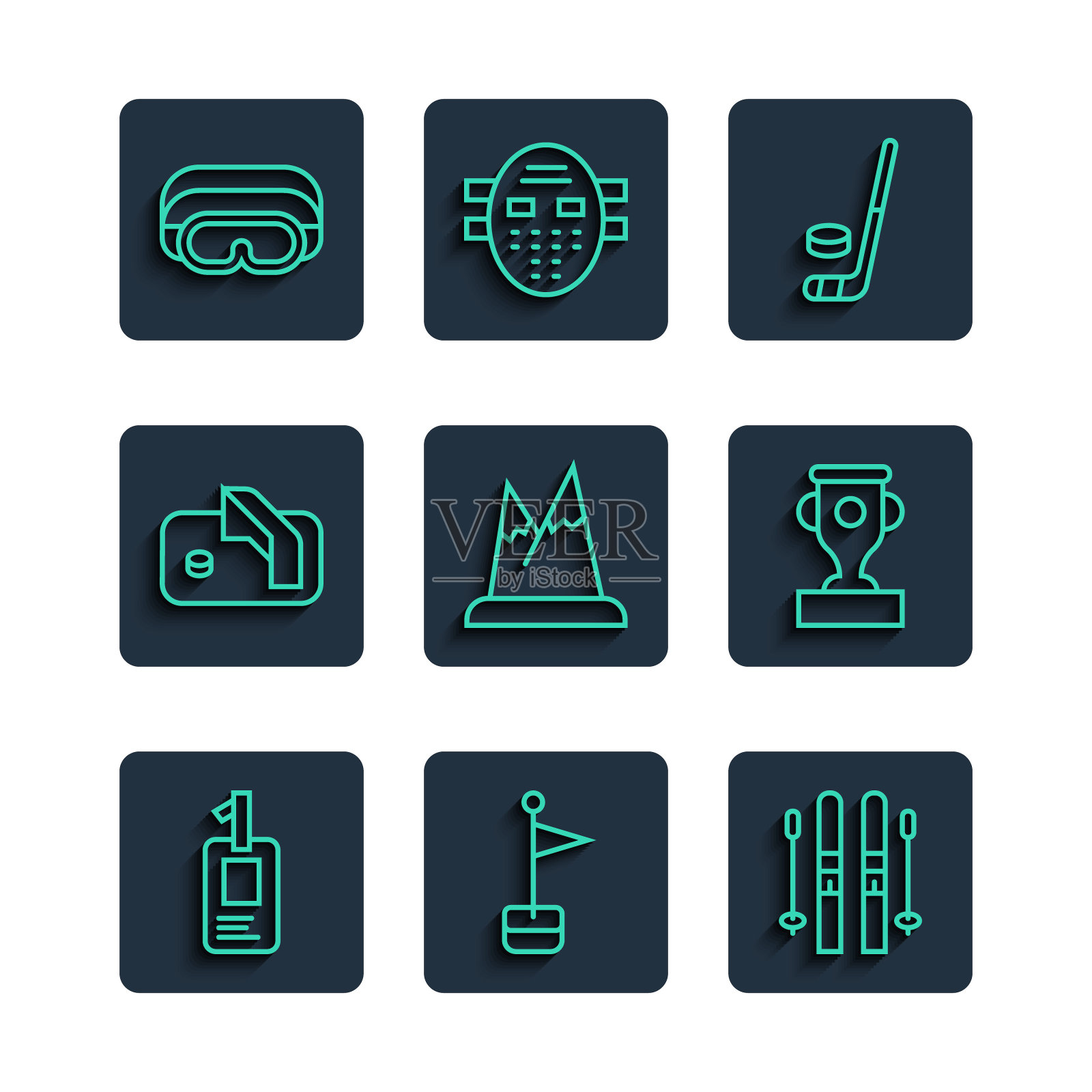 设置线识别徽章，位置标志，滑雪棒，冰球，山脉，目标，护目镜和奖励杯图标。向量图标素材