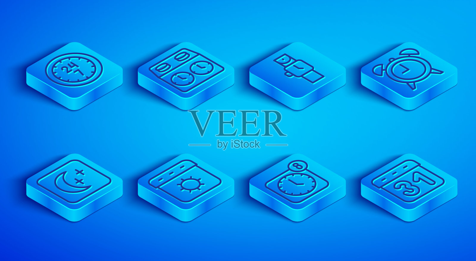 设置行钟24小时，时间棋牌钟，腕表，日历夏天，闹钟app移动，月亮和星星和图标。向量图标素材