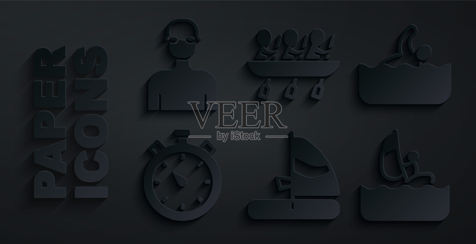 设置风帆冲浪，游泳者，秒表，划艇队运动和图标。向量图标素材