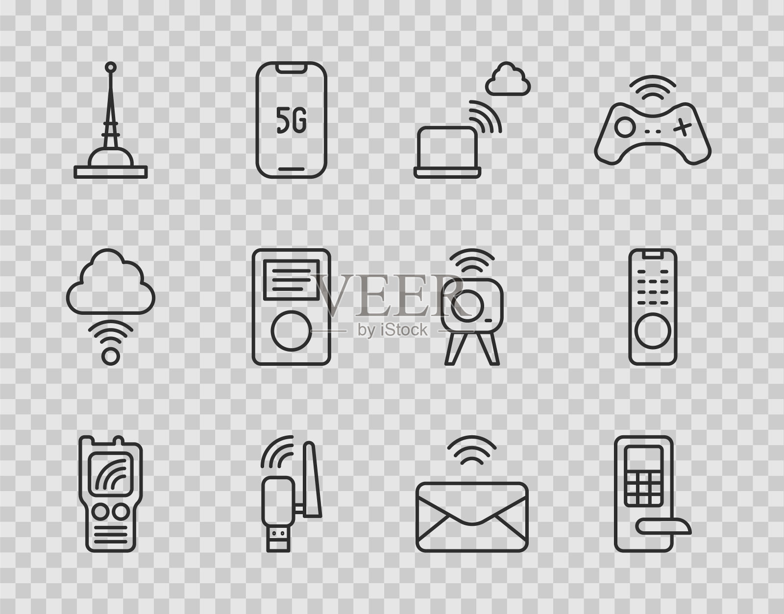 设置线路对讲机，数字门锁，网络云连接，Usb无线适配器，天线，音乐播放器，邮件和电子邮件和远程控制图标。向量图标素材