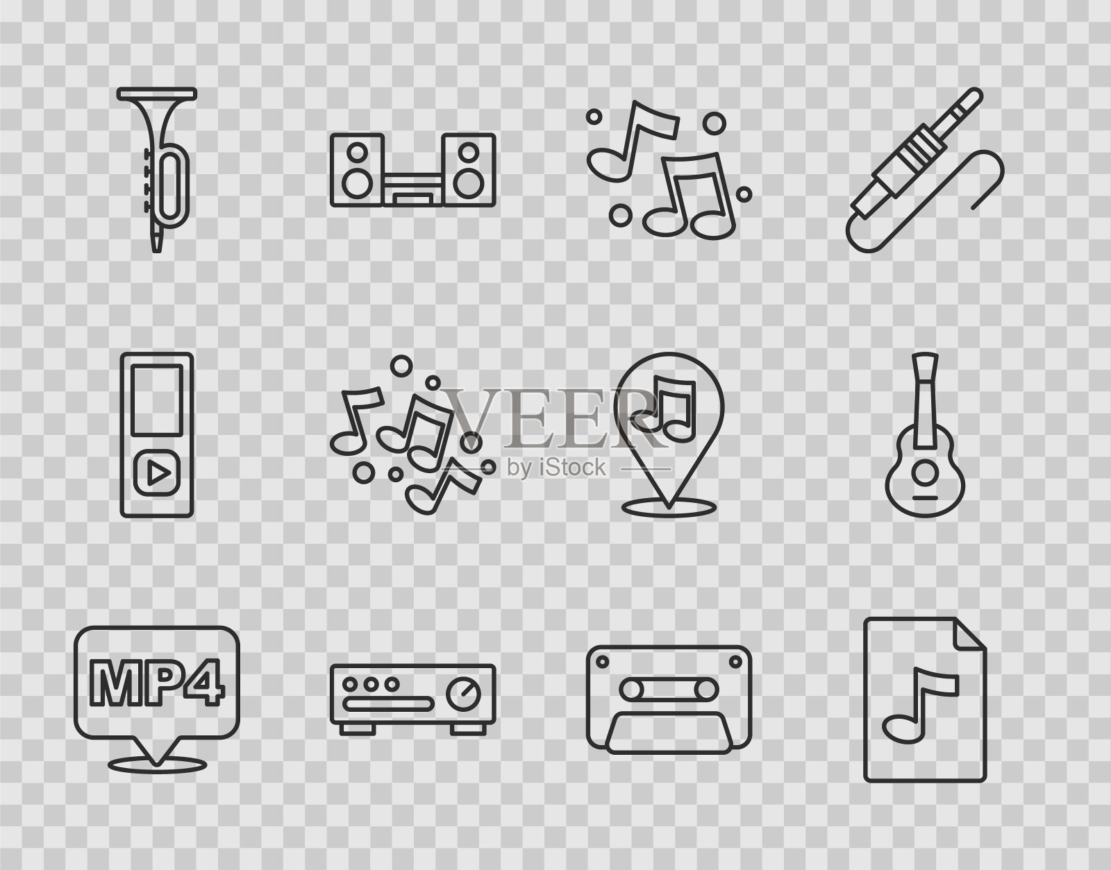 设置行MP4文件文件，MP3，音乐笔记，音调，混音器控制器，小号，复古磁带和吉他图标。向量图标素材