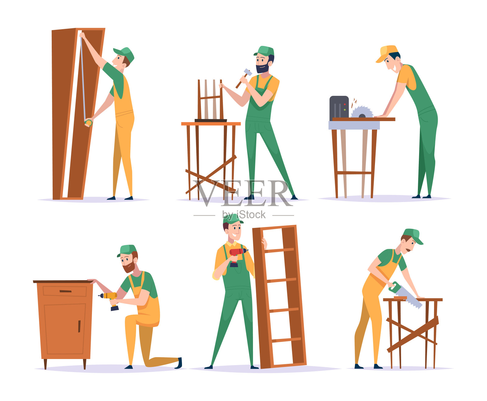 安装家具。木制制造服务工人，建造椅子，桌子，衣柜，木匠，杂工精确矢量卡通人插画图片素材