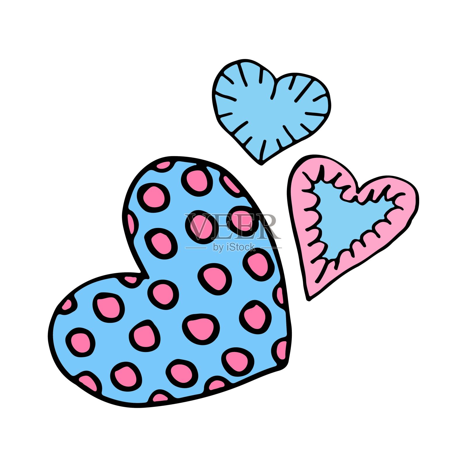 一组粉色和蓝色的心。浪漫的平坦的插图。爱可爱的情人节贺卡。手绘矢量简单图形。孤立的涂鸦设计元素插画图片素材
