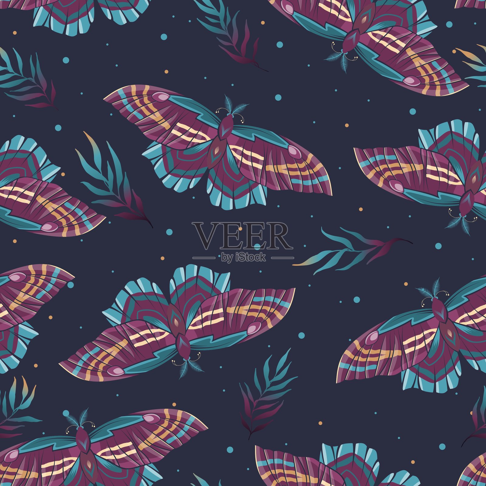 矢量无缝模式与复古蝴蝶在黑暗的背景。插画图片素材