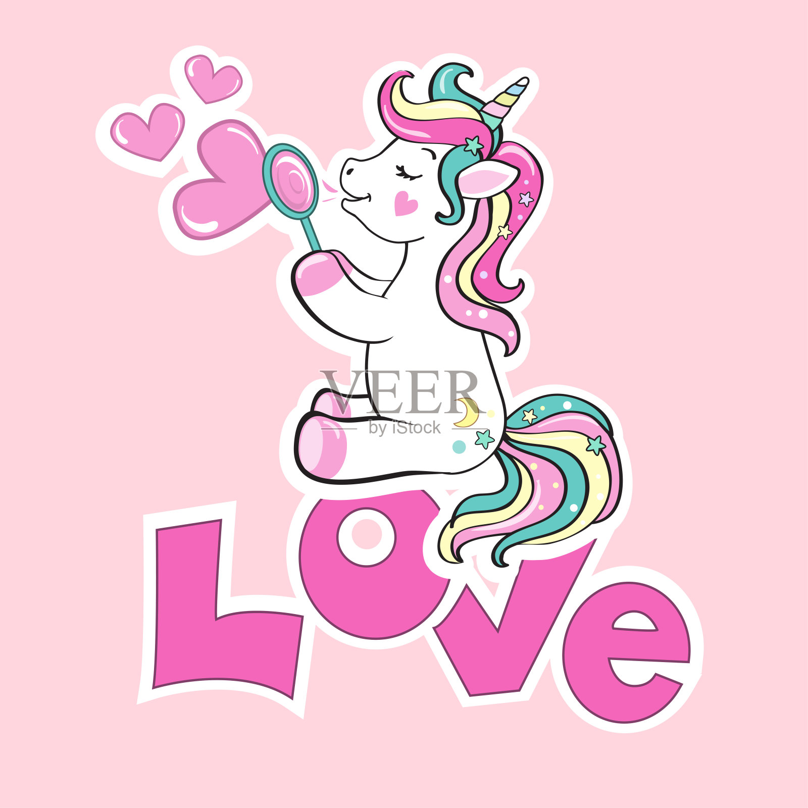 一只美丽的独角兽吹起了心形的肥皂泡，上面写着“爱”。情人节的概念。可爱的卡通小动物插画图片素材