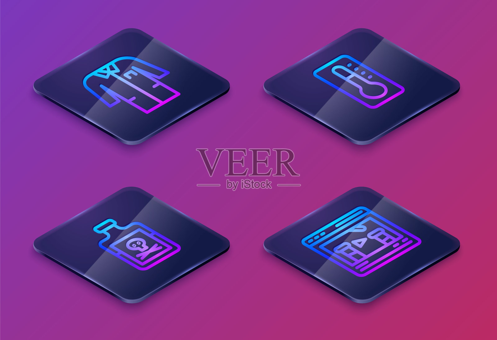 设置等角线实验室制服，毒药瓶，医用温度计和化学在线。蓝色方块按钮。向量图标素材