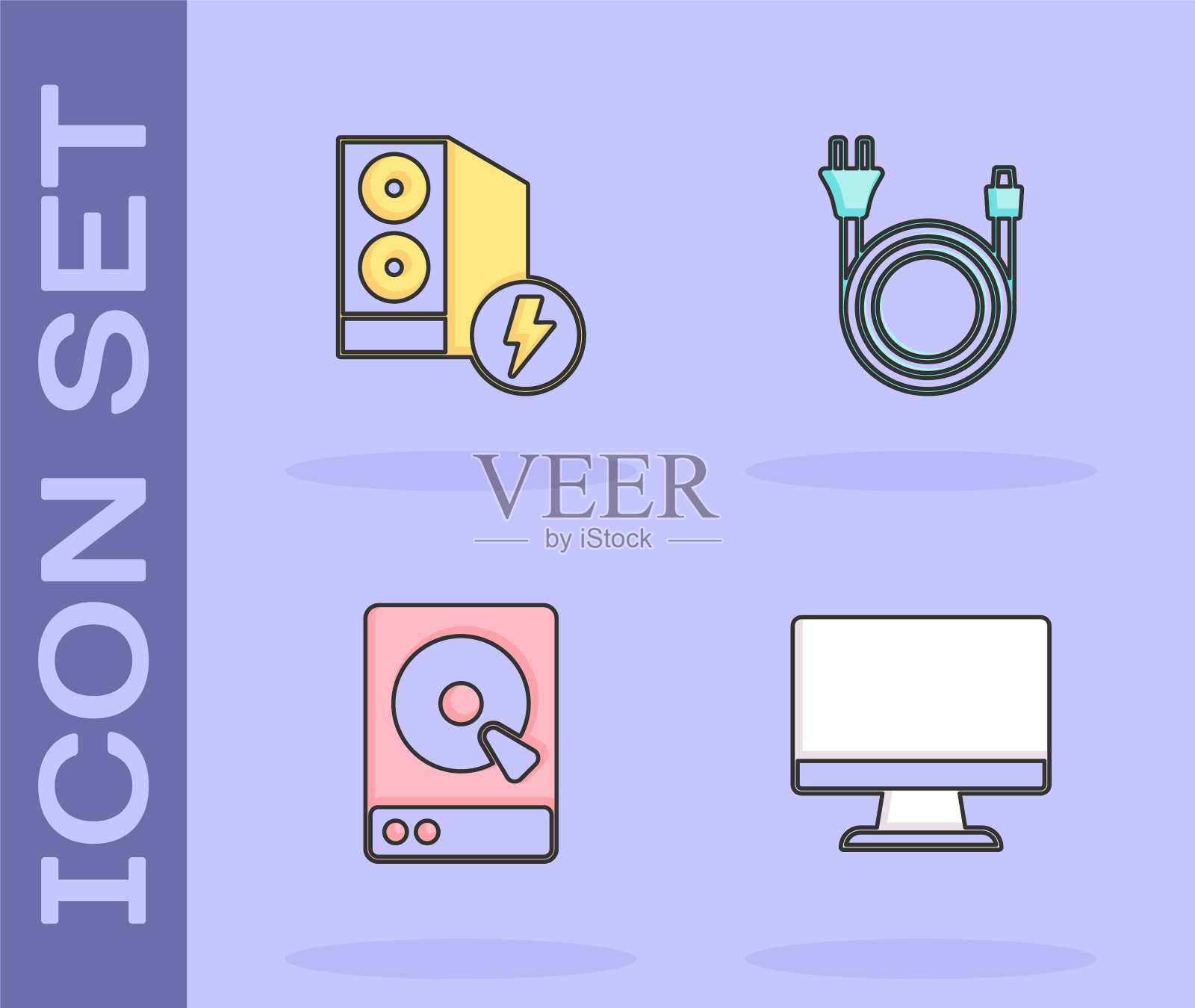 设置电脑显示器、电脑机箱、硬盘驱动器和电插头图标。向量图标素材