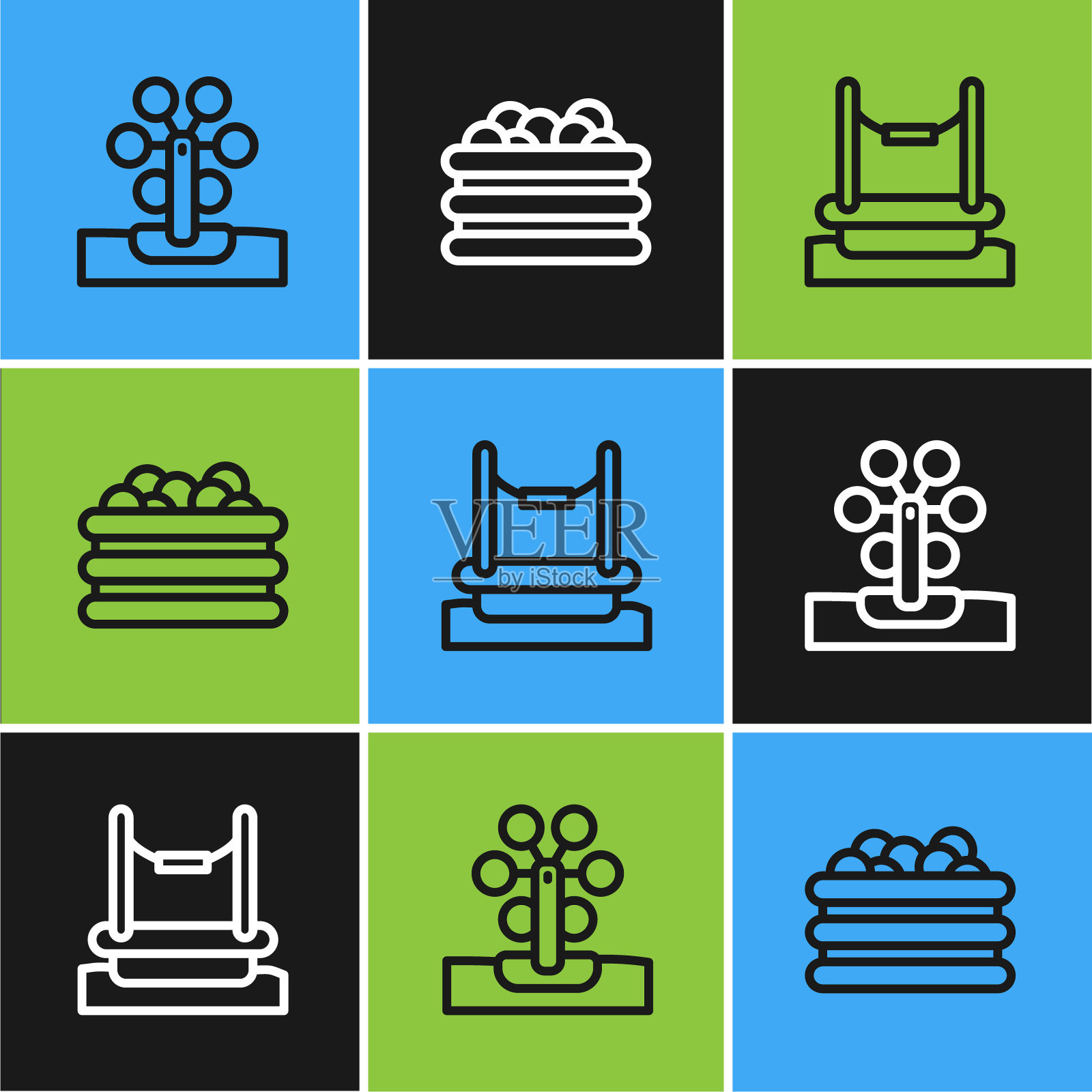 设置线摩天轮，蹦极和游泳池与球图标。向量插画图片素材