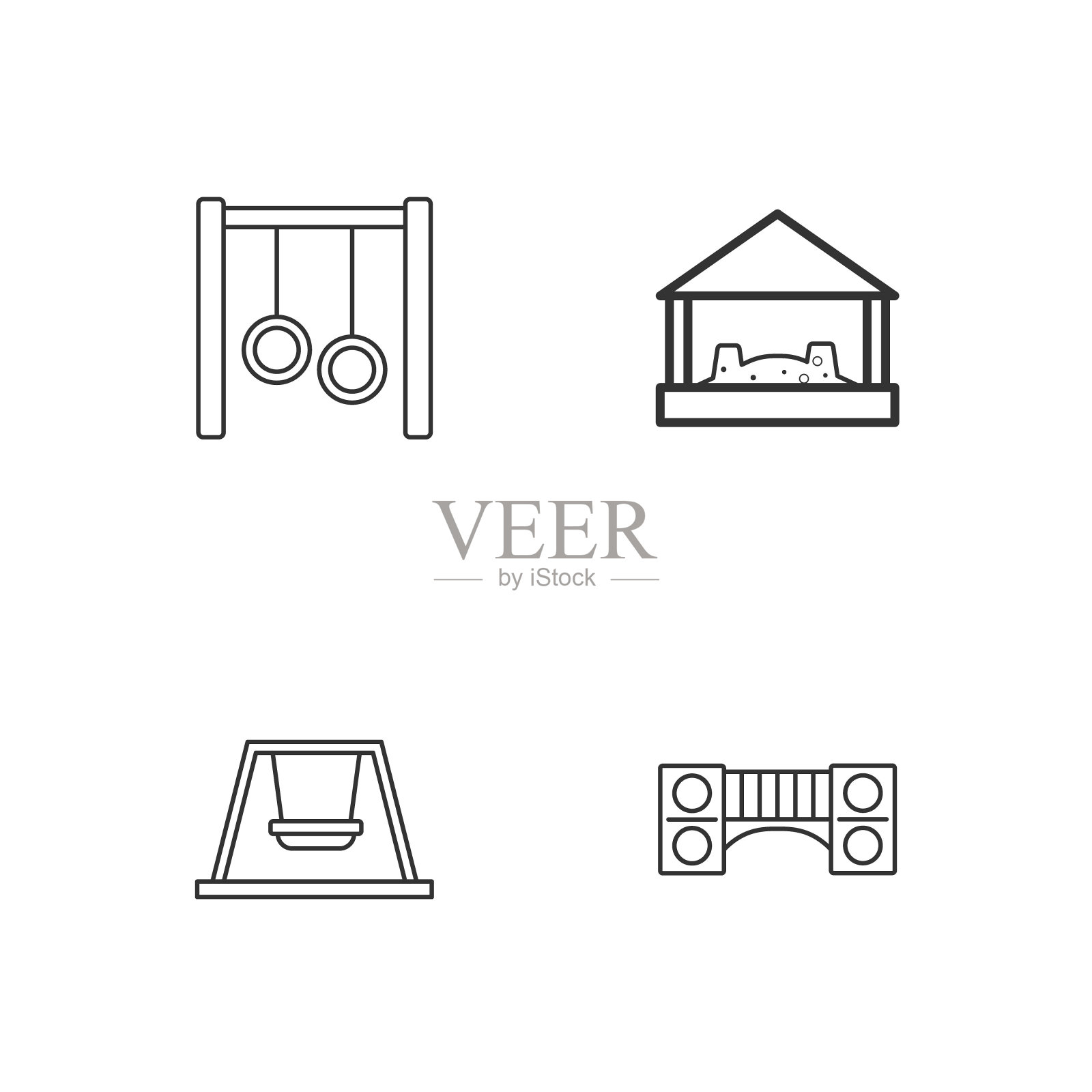 设置线游乐场儿童桥，秋千，体操环和沙盒与沙图标。向量图标素材