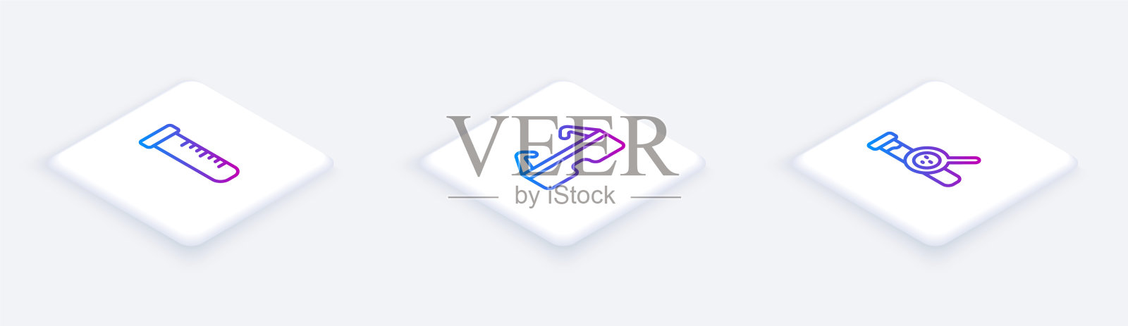 设置等距线试管和烧瓶，安全护目镜和。白色正方形按钮。向量图标素材