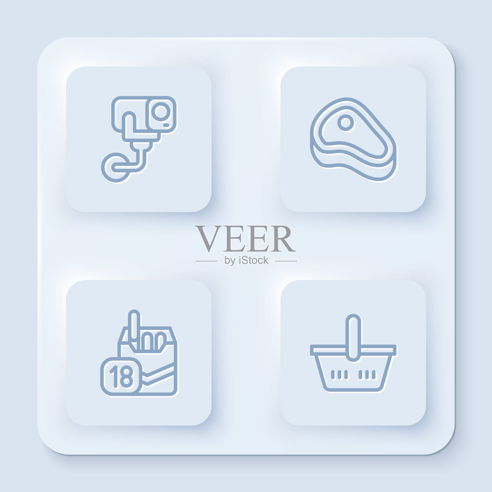 设置线安全摄像头，牛排，香烟包装盒和购物篮。白色正方形按钮。向量图标素材