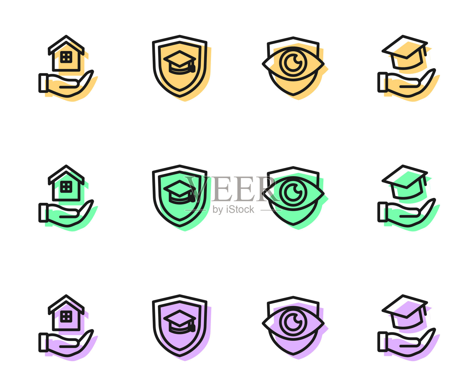 设置线盾和眼，房子在手，毕业帽与盾和教育津贴图标。向量图标素材