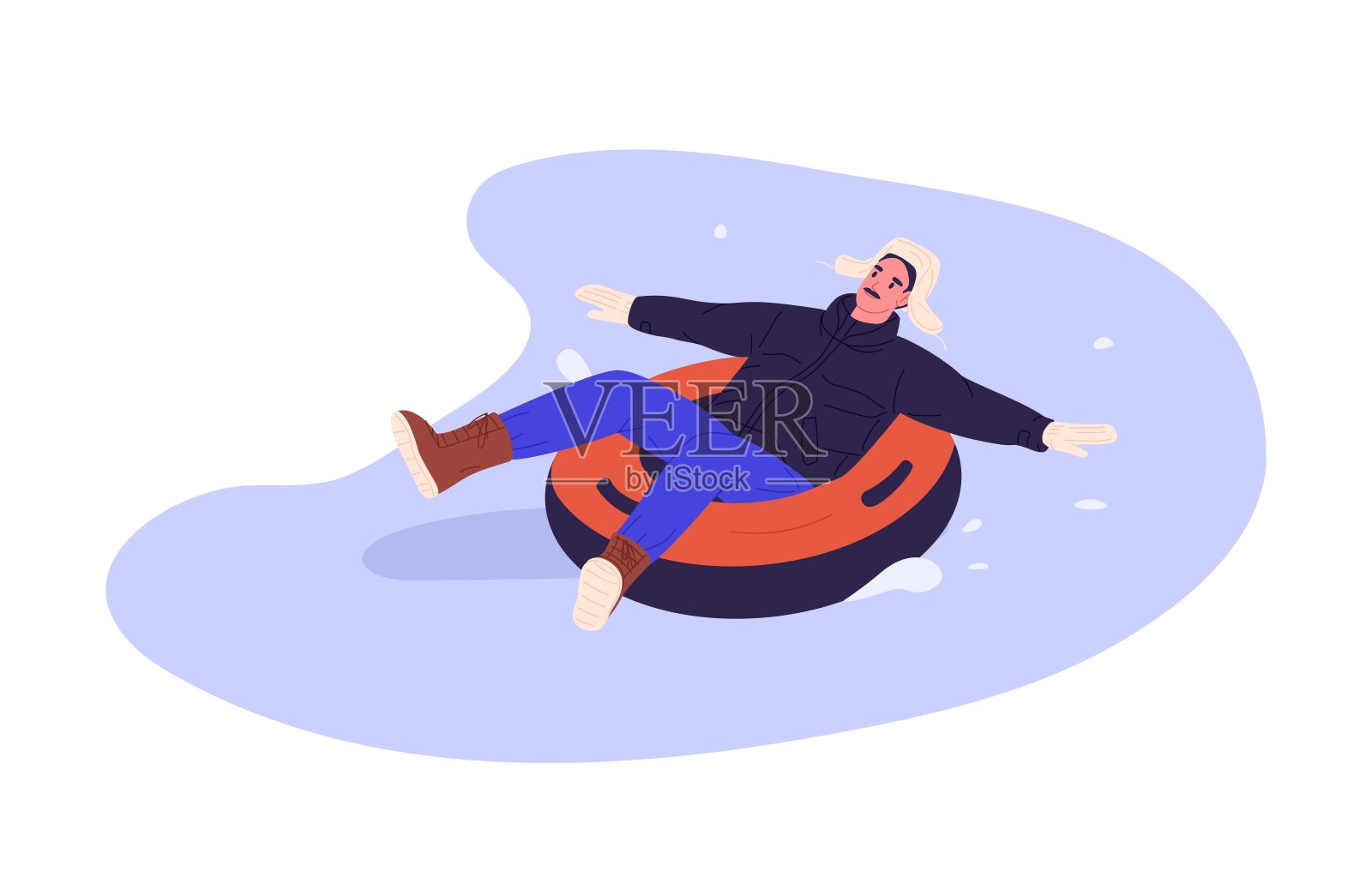 快乐的人骑着冬天的油管，滑下雪坡。成人在冬季进行娱乐、活动。寒冷天气的户外休闲。平面矢量插图孤立在白色背景上插画图片素材