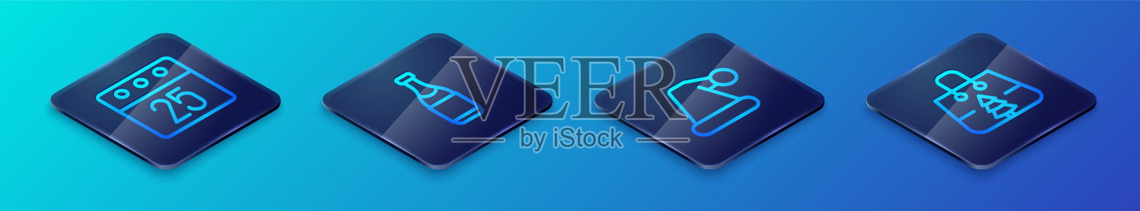 设置等距线圣诞老人帽子，日子日历，购物袋和香槟瓶图标。向量插画图片素材