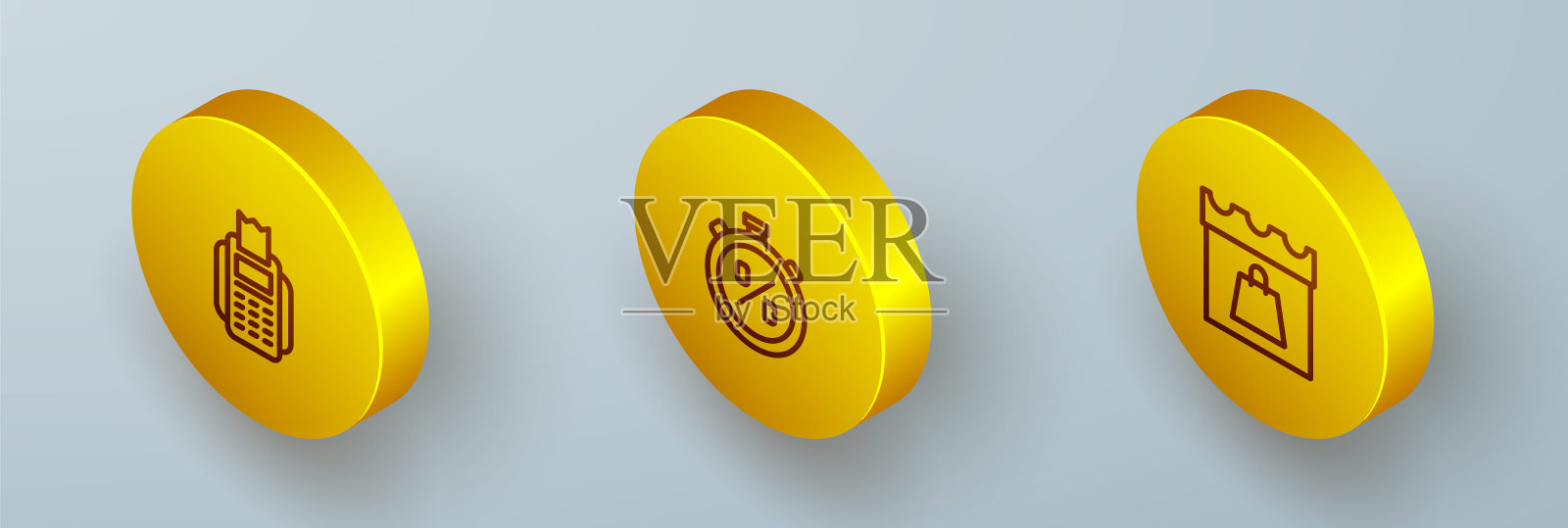 设置等距线POS终端，秒表百分比折扣和购物日图标。向量图标素材