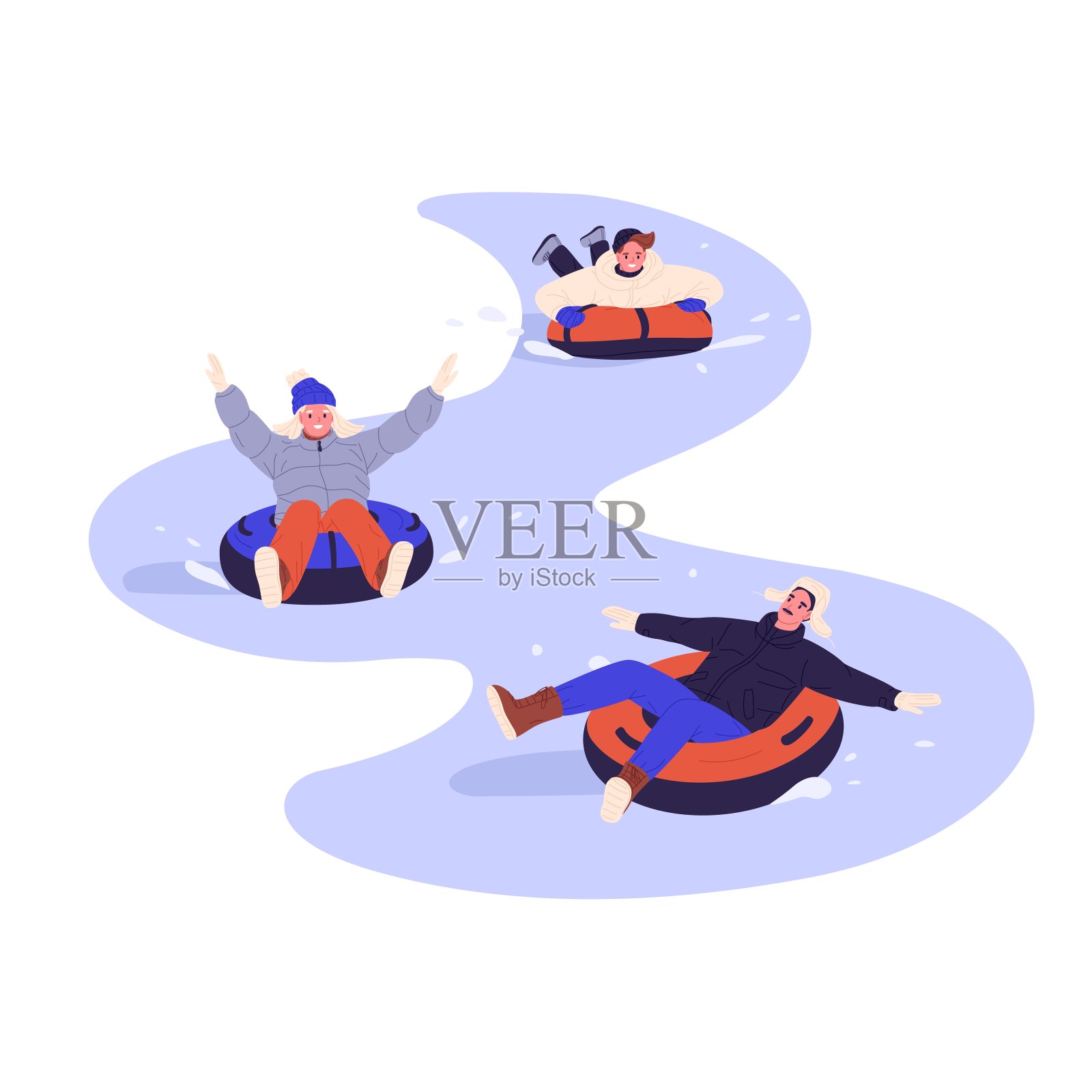 幸福的一家人在油管上滑下斜坡。妈妈、爸爸和孩子一起过寒假。父母和儿子在户外活动。平面矢量插图孤立在白色背景上插画图片素材