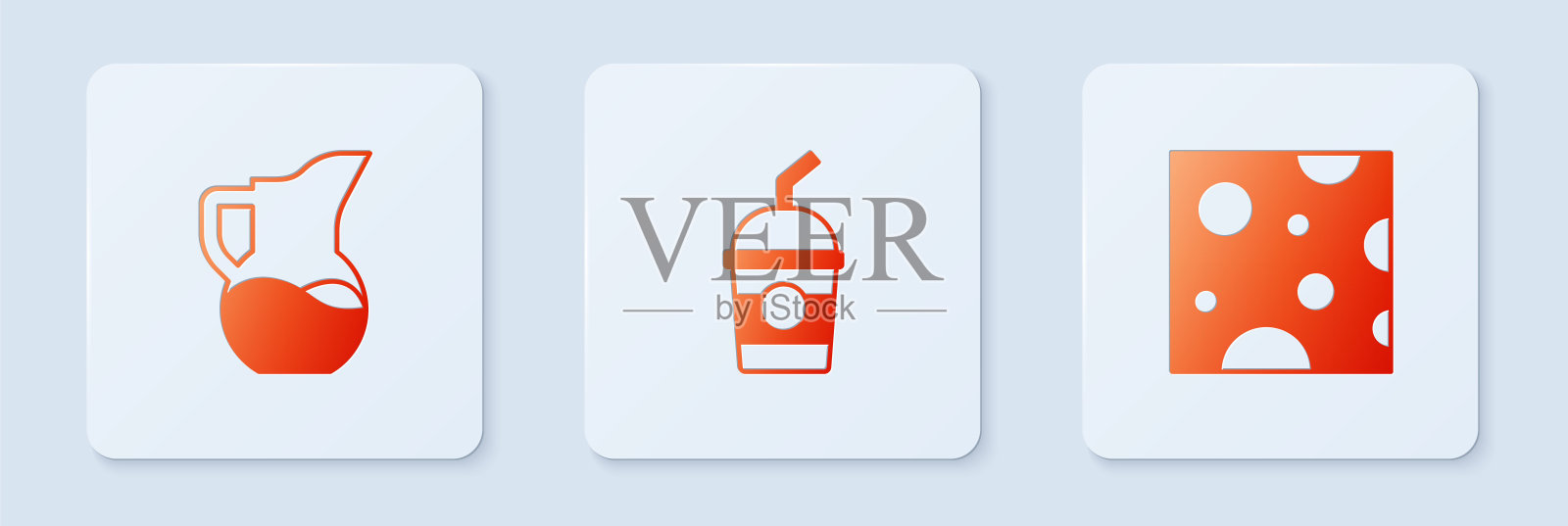 设置奶昔，壶或壶和奶酪。白色正方形按钮。向量插画图片素材