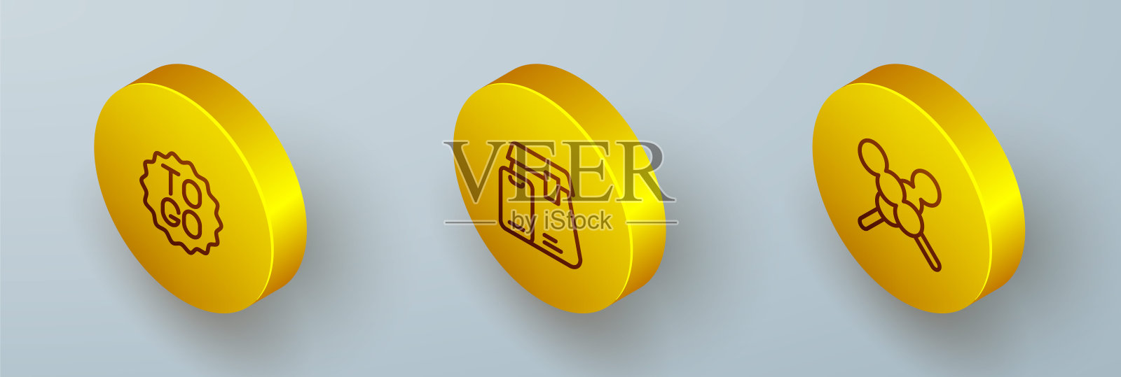 设置等距线咖啡杯走，在线订购食物和肉丸木棒图标。向量图标素材