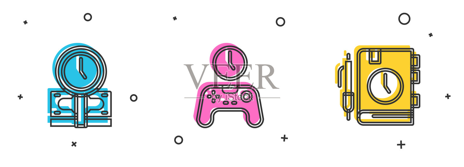 设置时间是金钱，时间的手柄和日常纸张记事本图标。向量插画图片素材