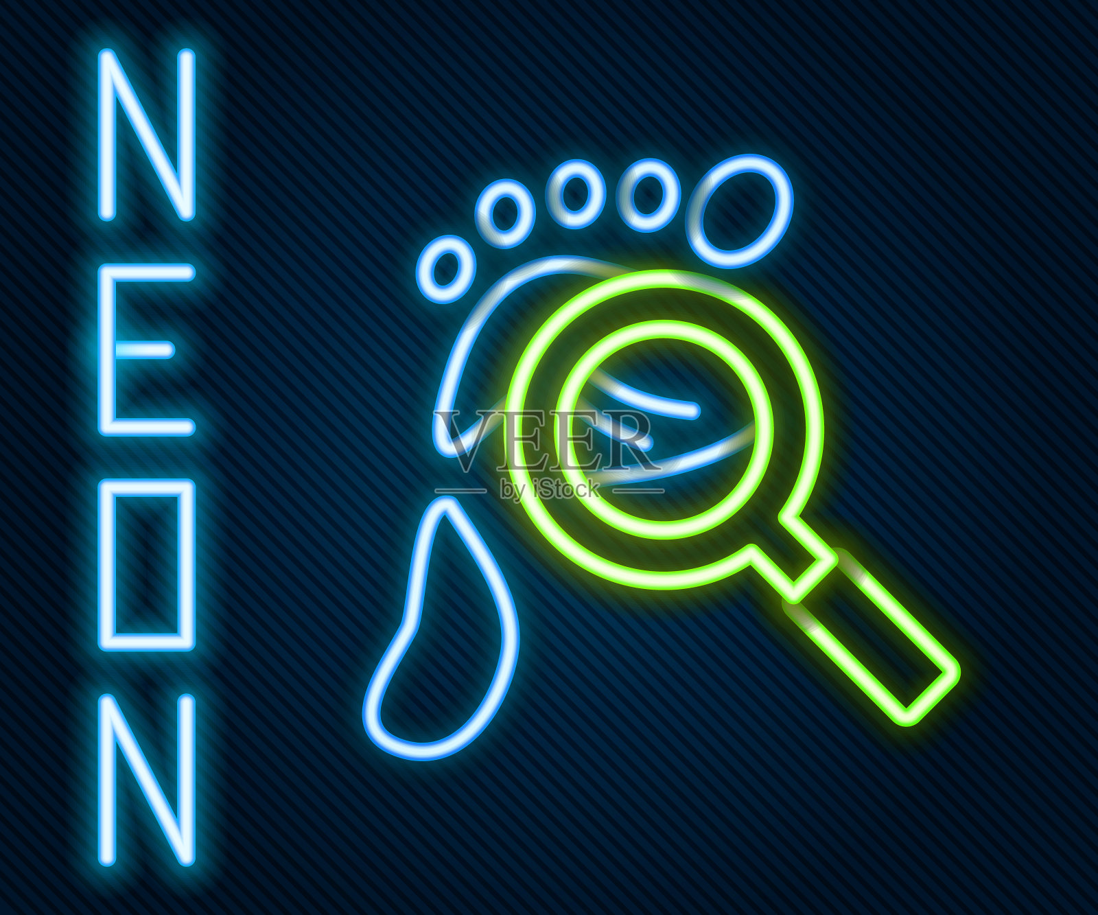 发光霓虹灯线放大镜与脚步图标孤立在黑色背景。侦探正在调查。追随别人的脚步。色彩斑斓的轮廓的概念。向量插画图片素材