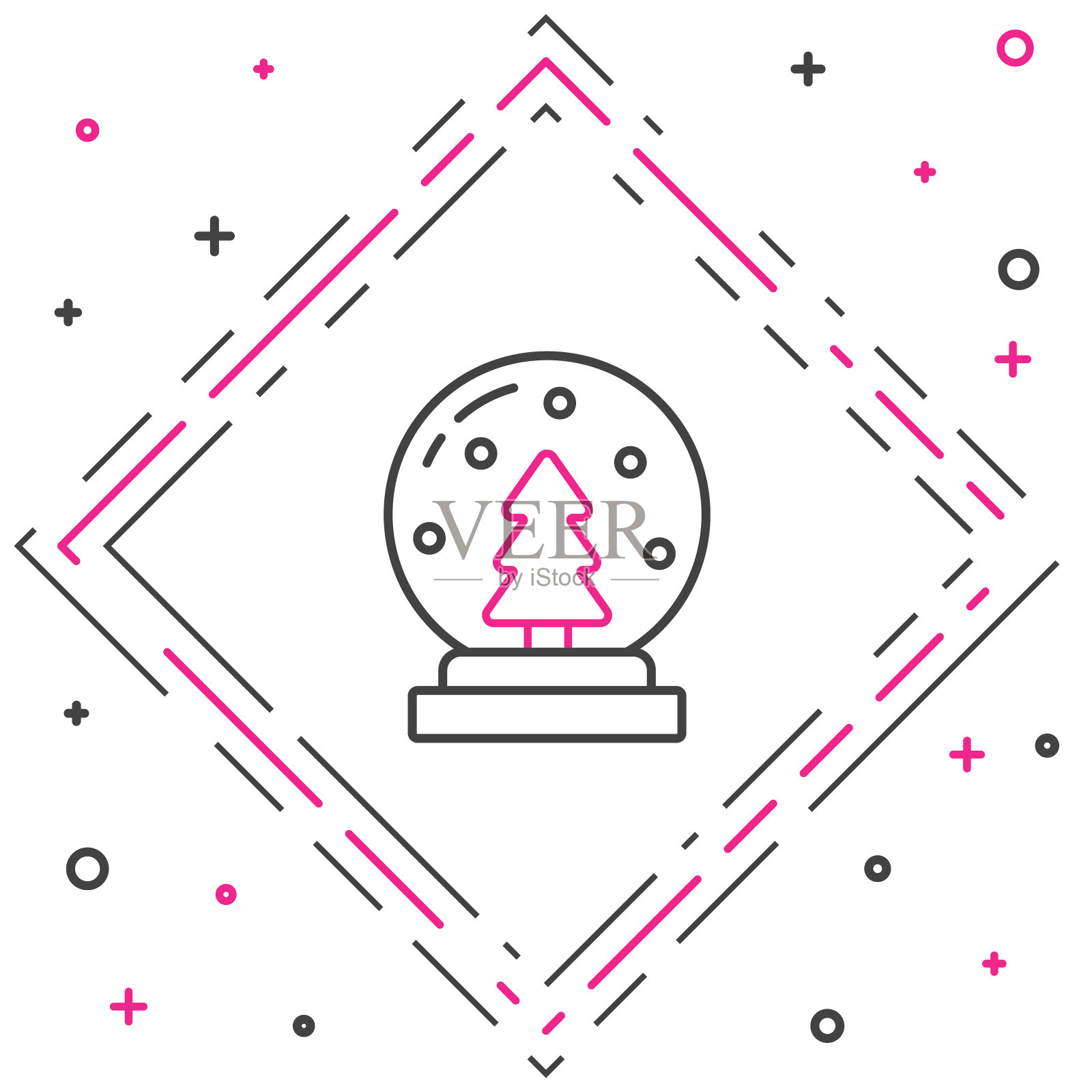 线圣诞雪球与落下的雪和圣诞树图标孤立在白色背景。圣诞快乐，恭贺新禧。色彩斑斓的轮廓的概念。向量插画图片素材