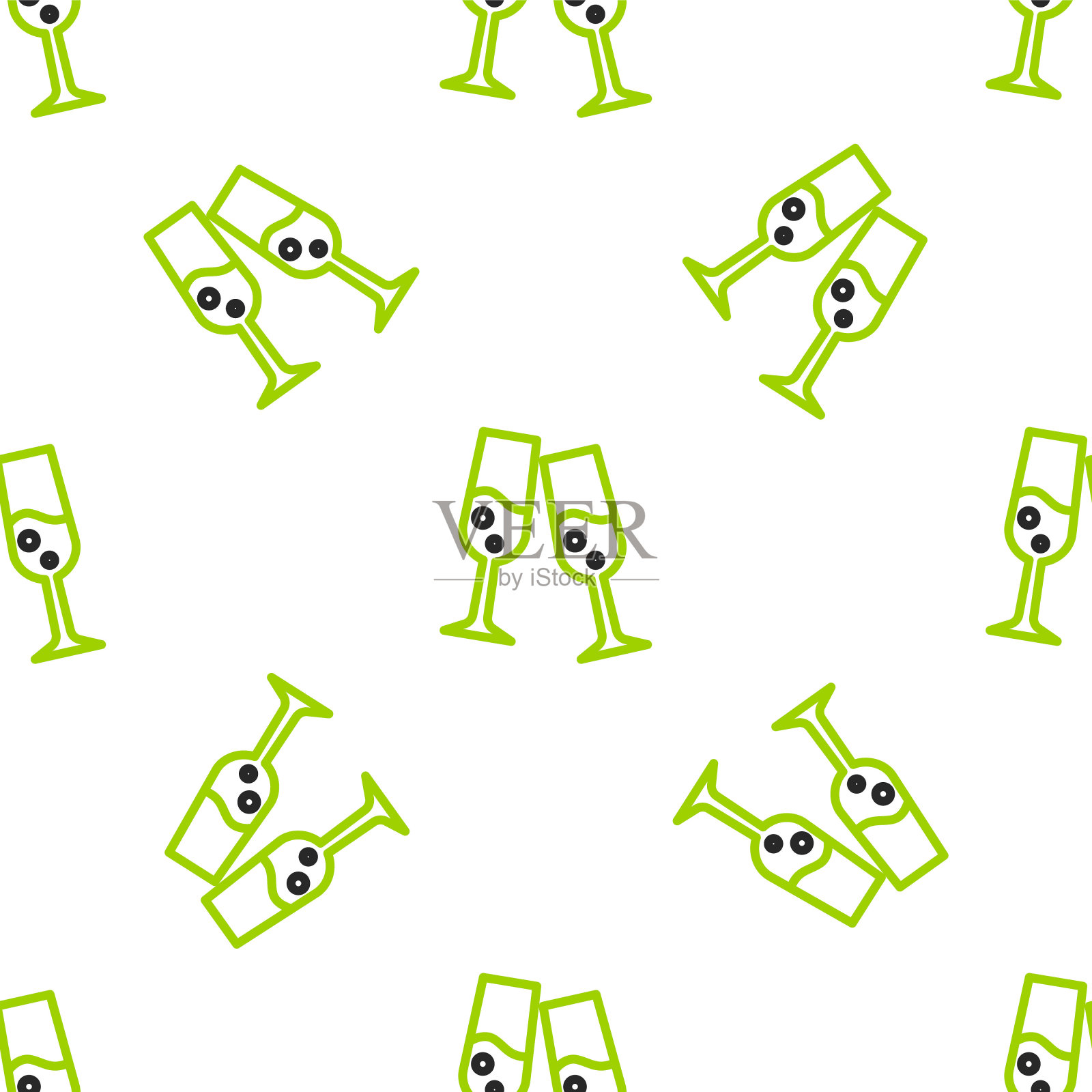 线条玻璃的香槟图标孤立无缝图案在白色背景。圣诞快乐，恭贺新禧。向量插画图片素材