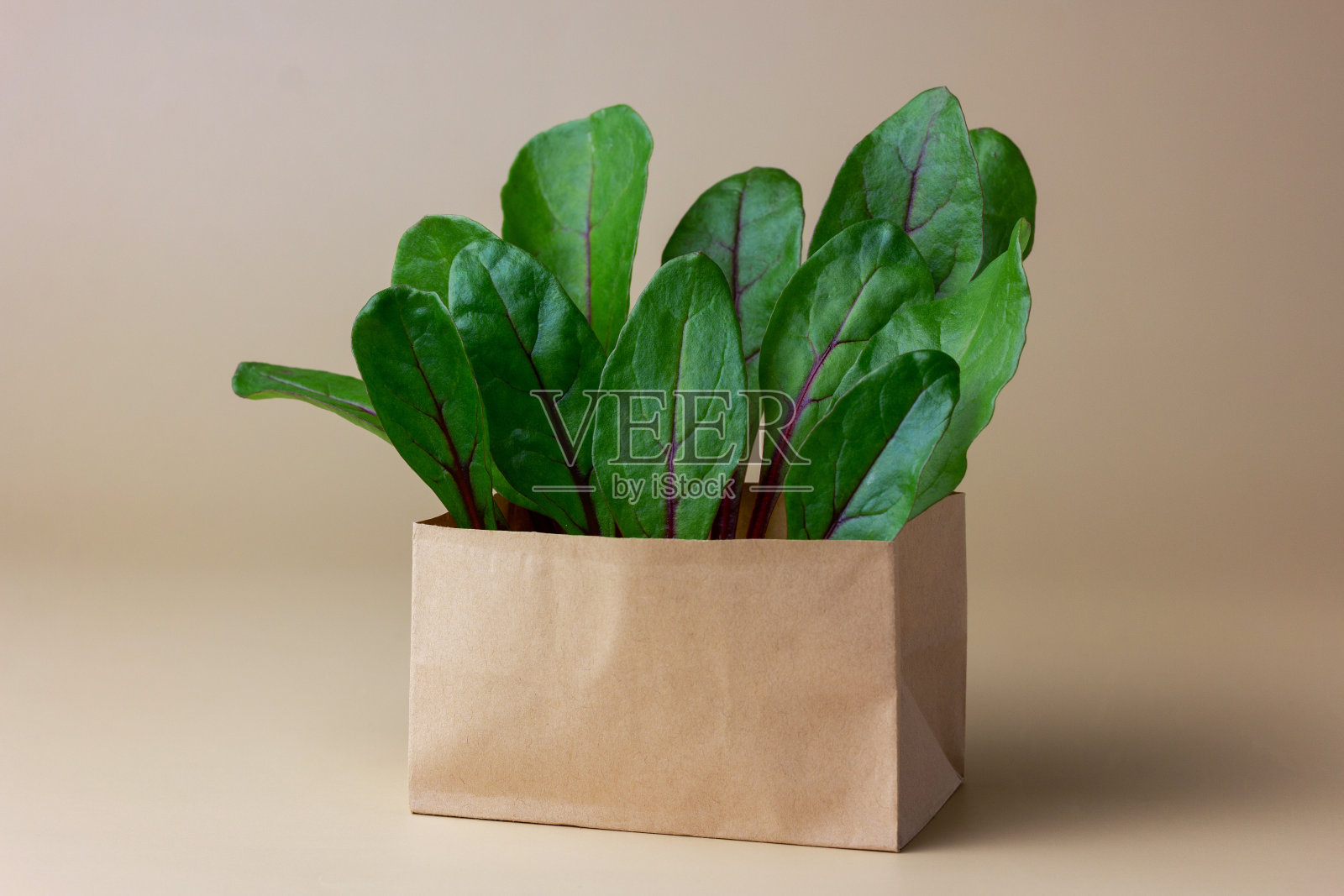 新鲜的甜菜叶在纸包装上棕色的背景。照片摄影图片