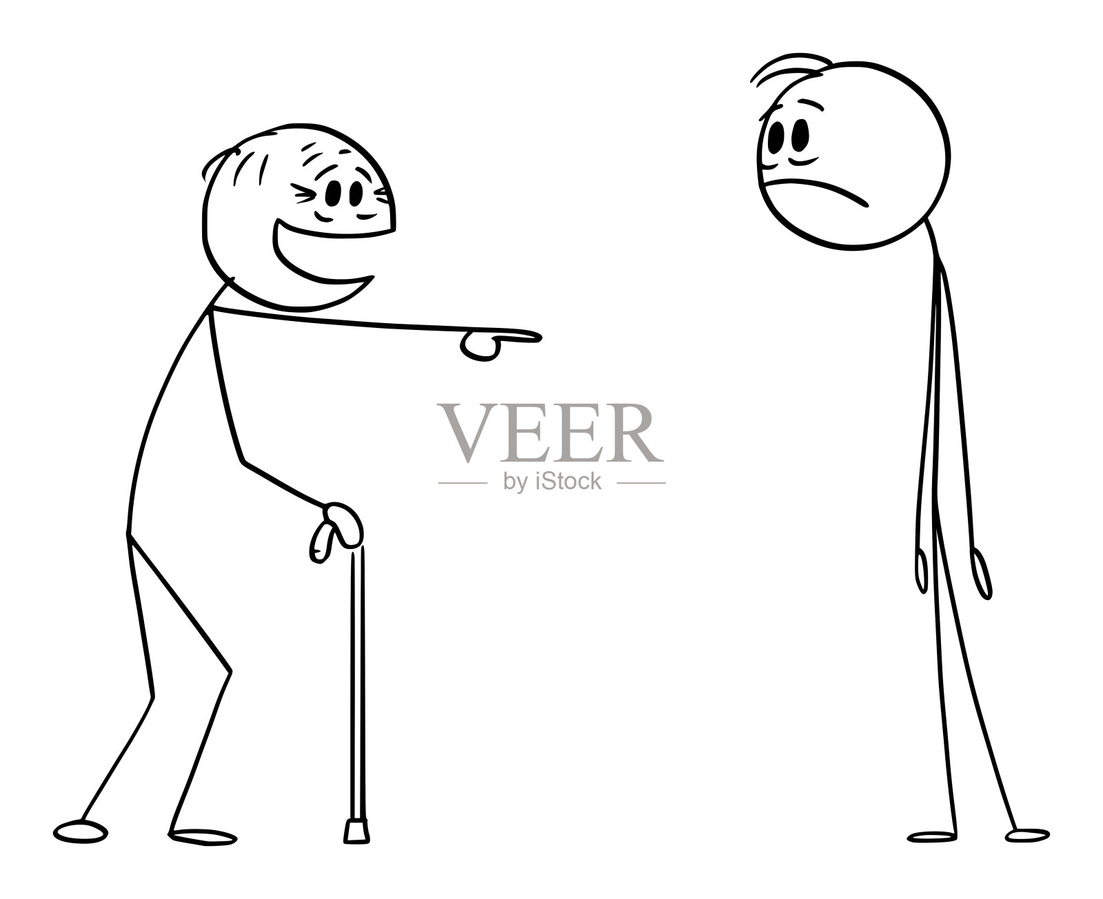 老年人嘲笑或嘲笑年轻人，笑和指着，矢量卡通棍子图插图设计元素图片