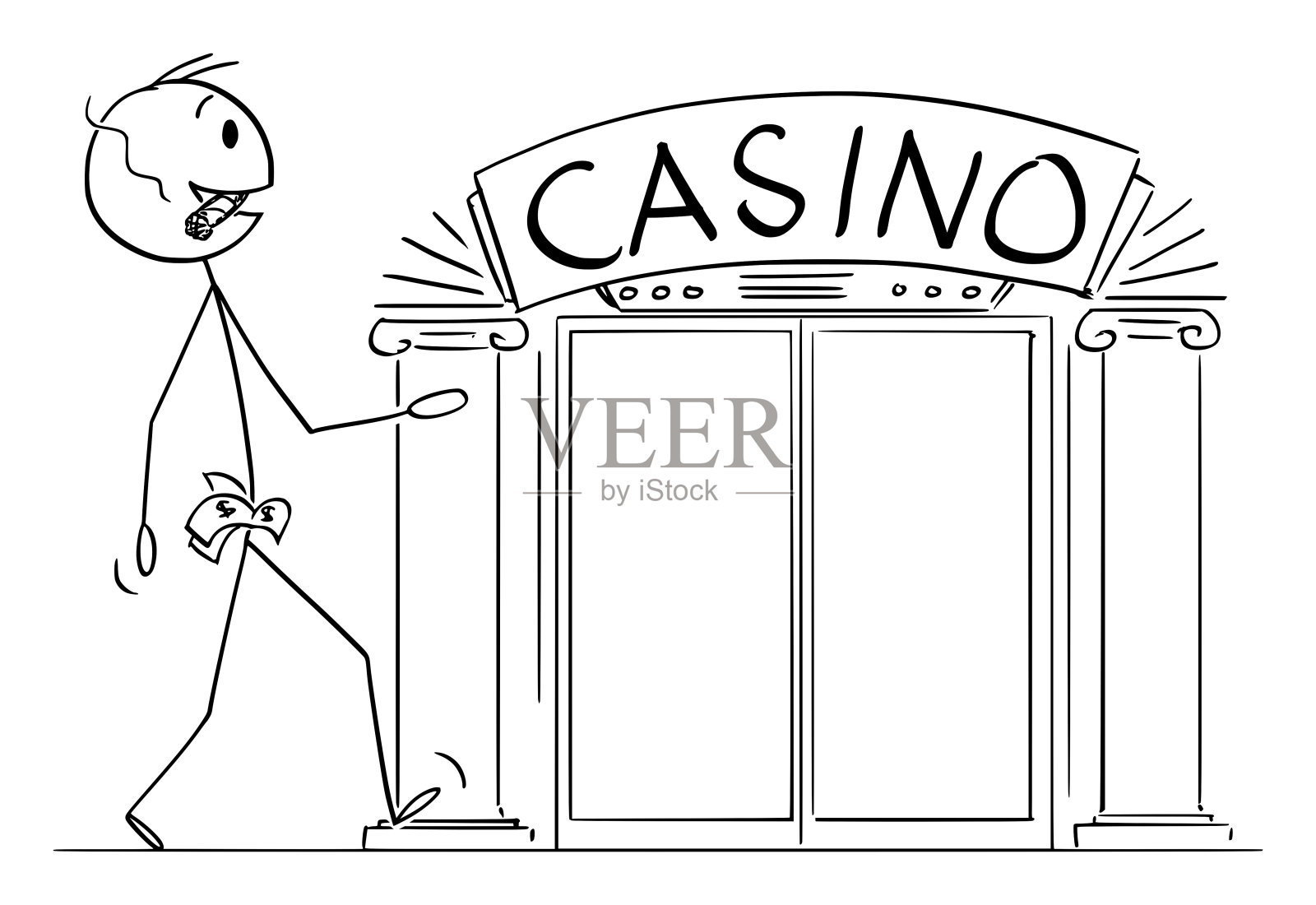 自信的富有的人去玩轮盘赌和卡在赌场，矢量卡通棍子图插图插画图片素材