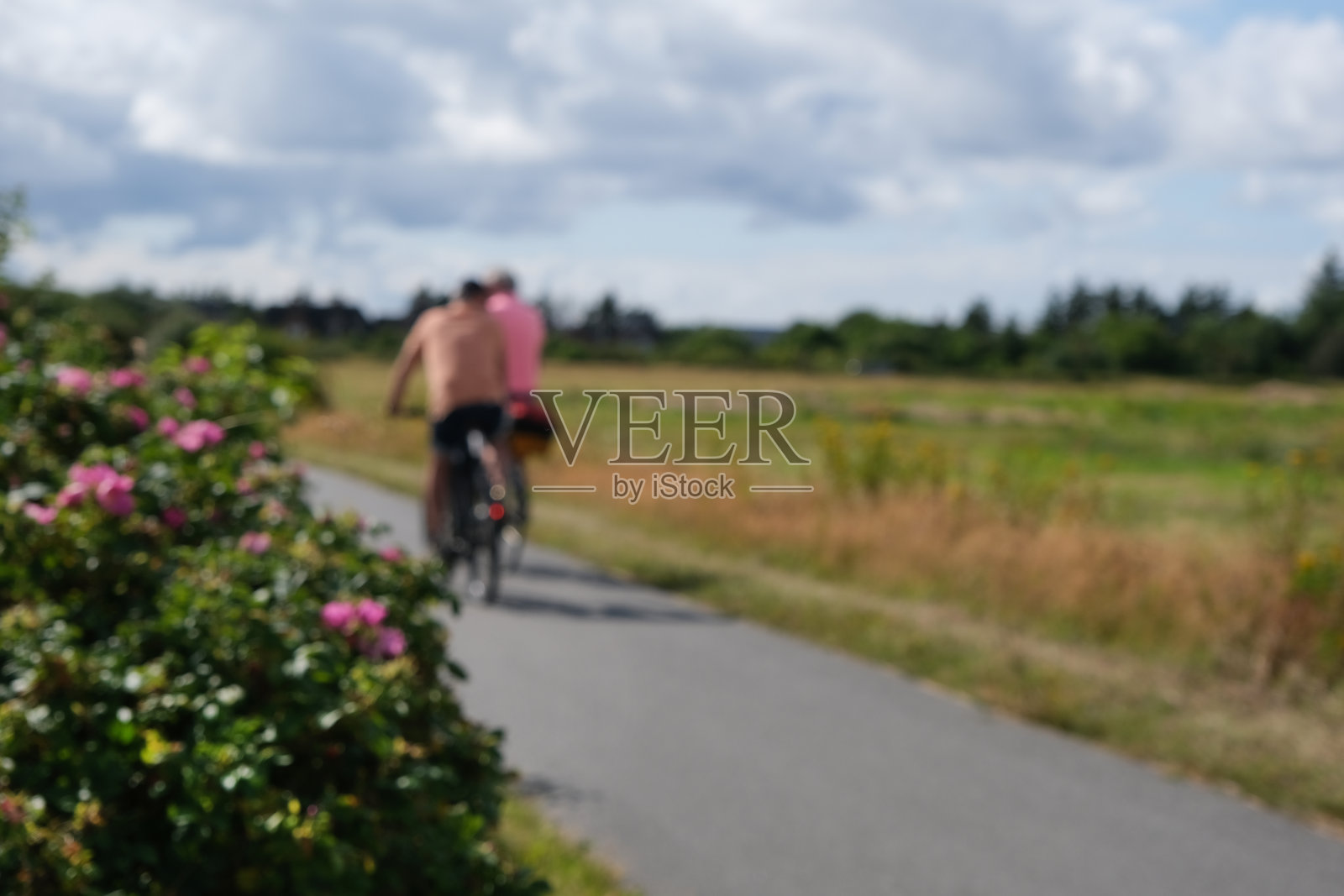 背景图片，无焦点:两个骑自行车的人在夏天美丽的自然中骑在一条发展良好的自行车道上，选择性的焦点，在前景的大量复制空间照片摄影图片