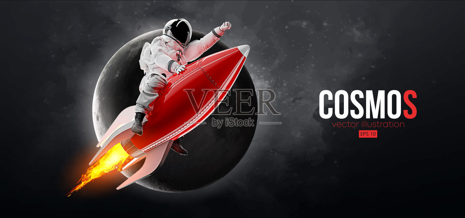 宇航员在火箭上的背景是月球和太空。矢量图插画图片素材