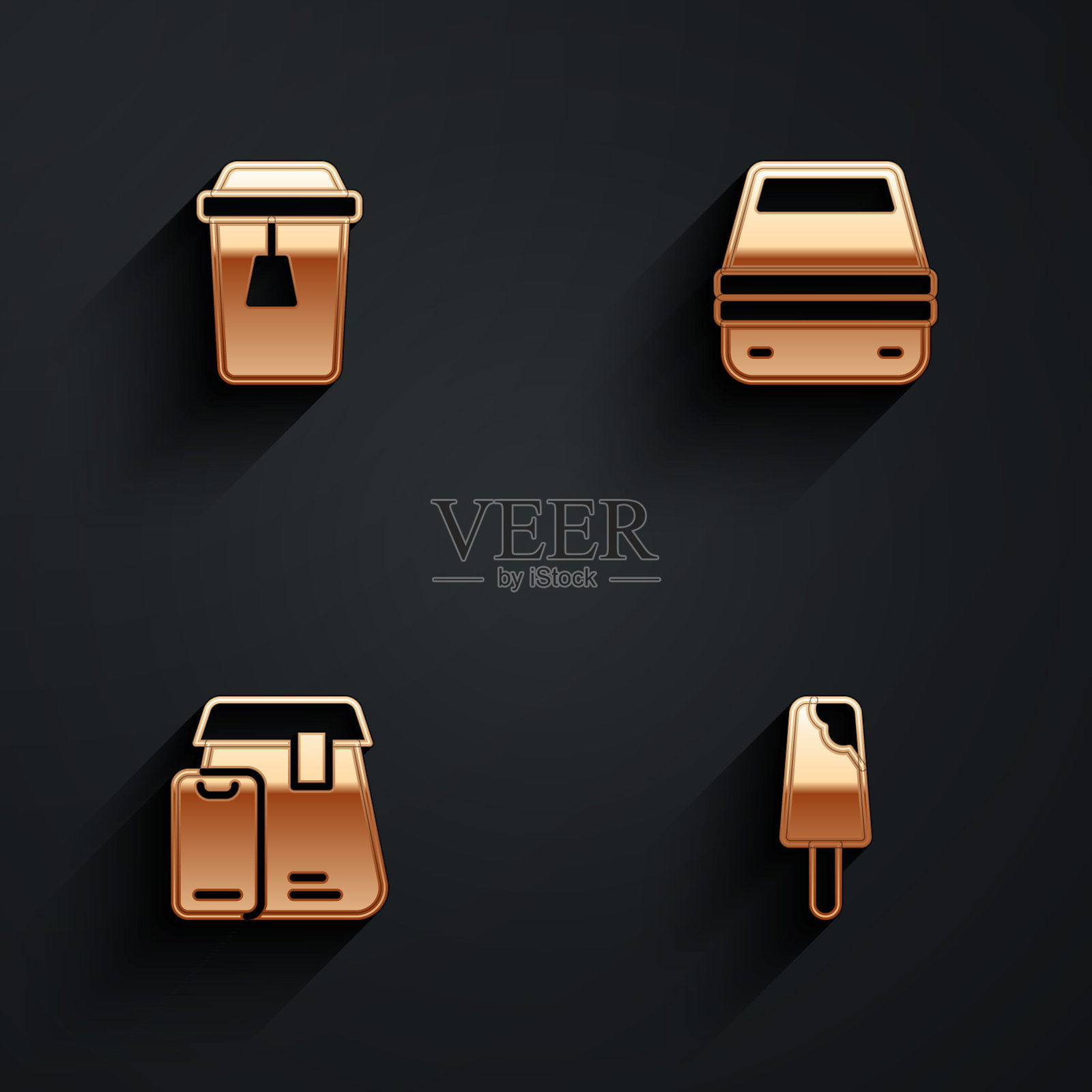 设置茶杯，午餐盒，网上订购食品和冰淇淋图标与长阴影。向量图标素材