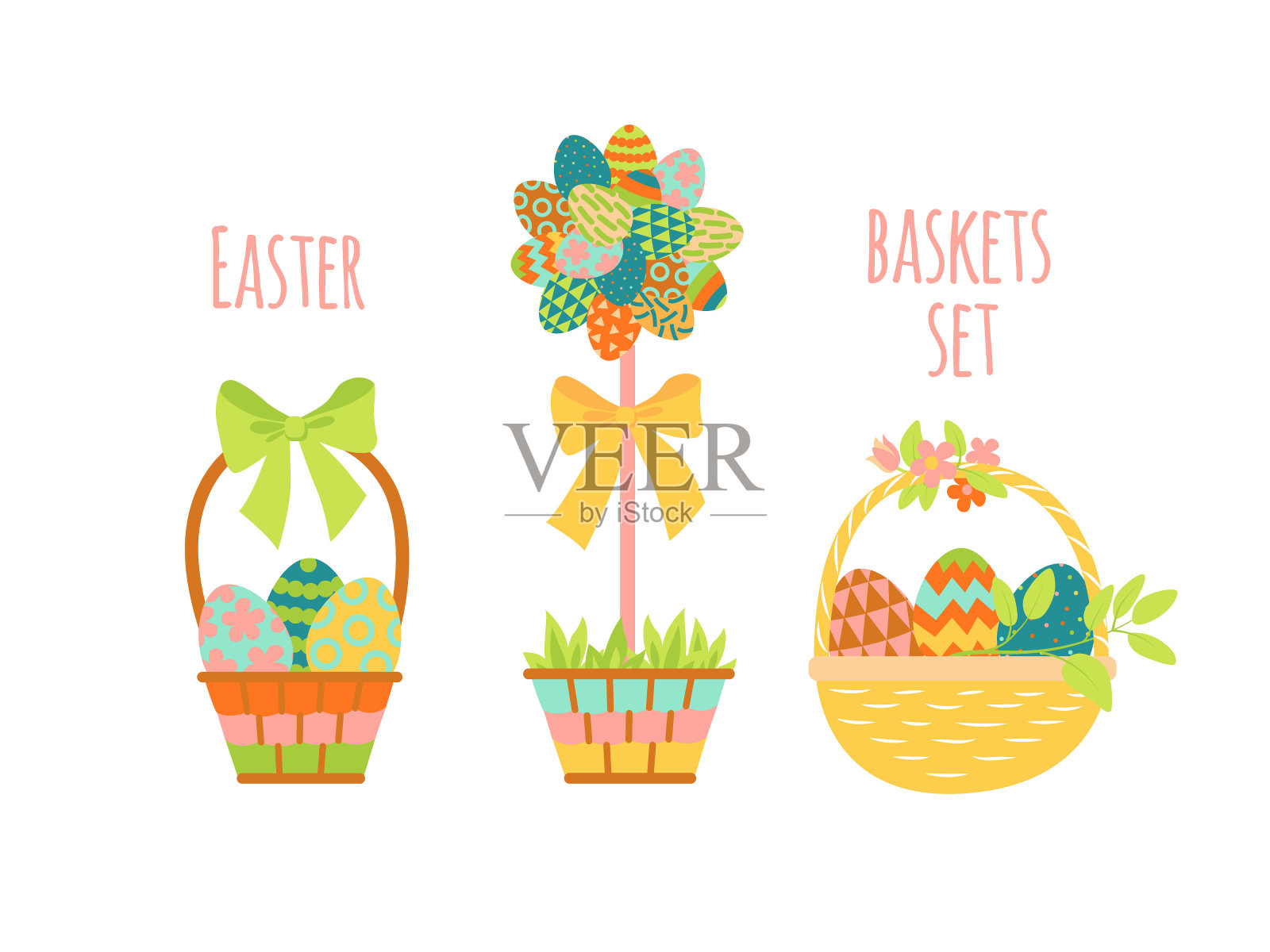 一套可爱的彩色篮子装满复活节彩蛋孤立在一个白色的背景。插画图片素材