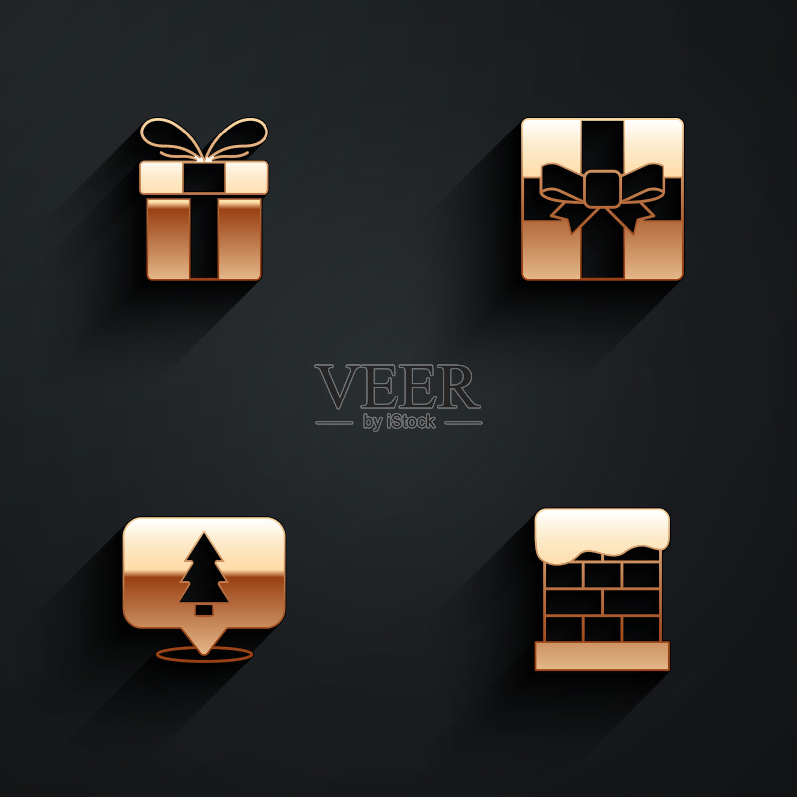 套装礼盒，圣诞树和烟囱图标与长影子。向量图标素材