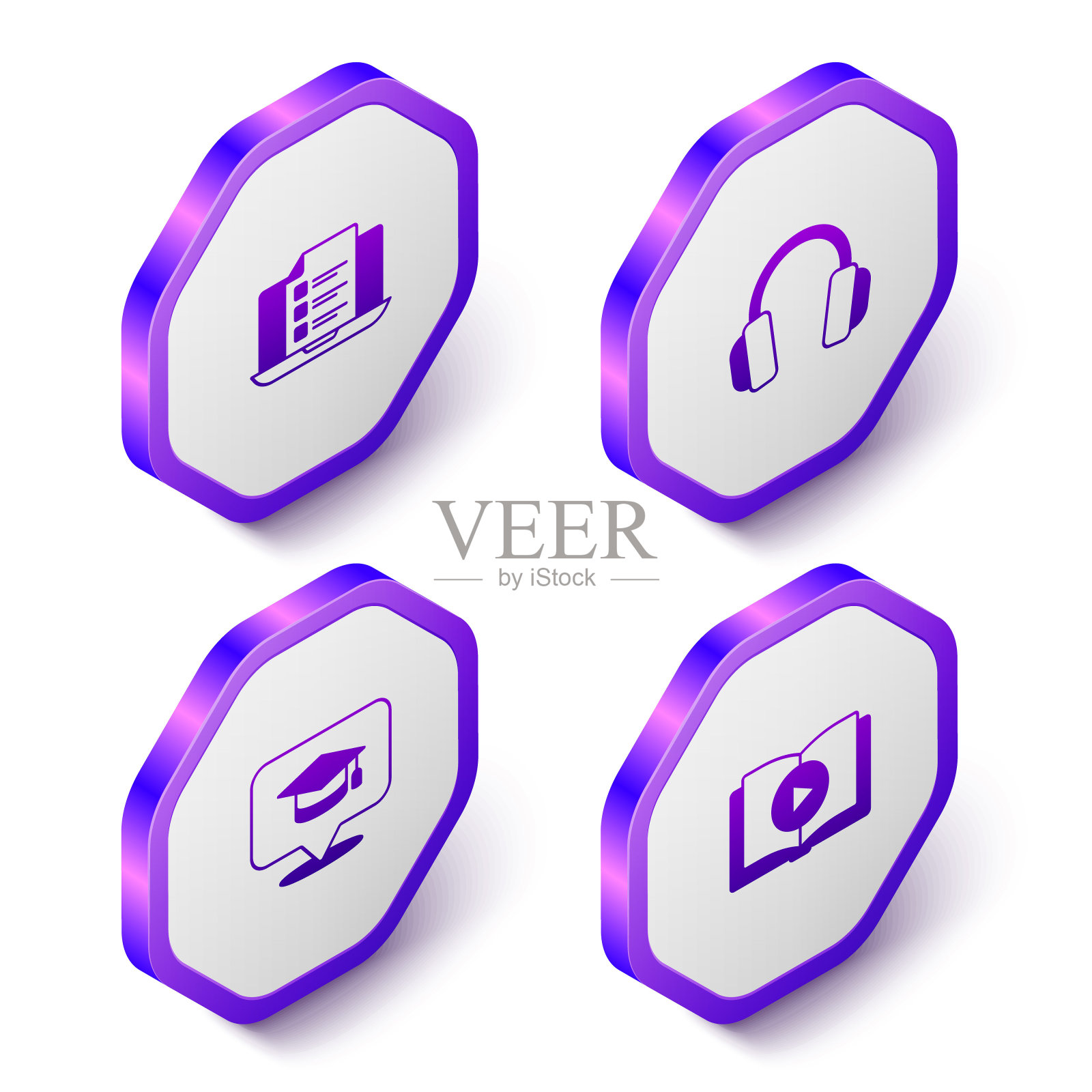 设置等距在线测验，测试，调查，耳机，毕业帽演讲气泡和有声书图标。紫色的六角按钮。向量图标素材
