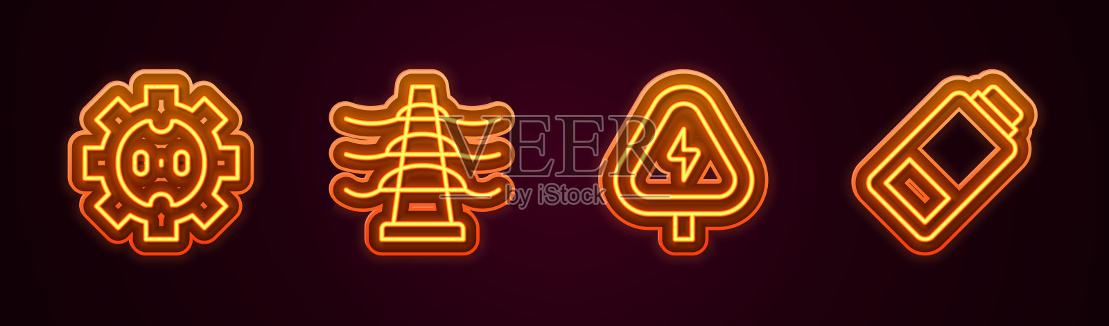 设置插座、塔线、高压、电池充电。发光的霓虹灯图标。向量插画图片素材