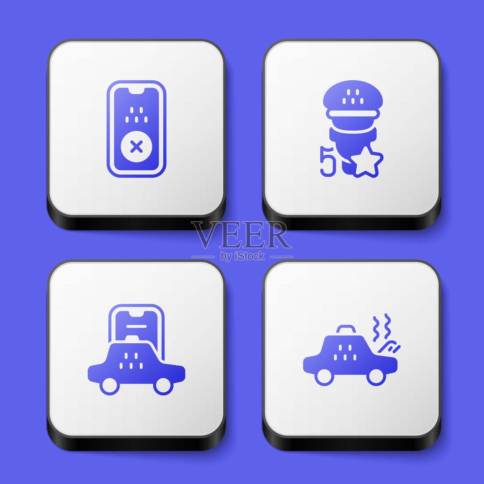 设置出租车手机app、服务评分、破碎出租车图标。白色正方形按钮。向量图标素材