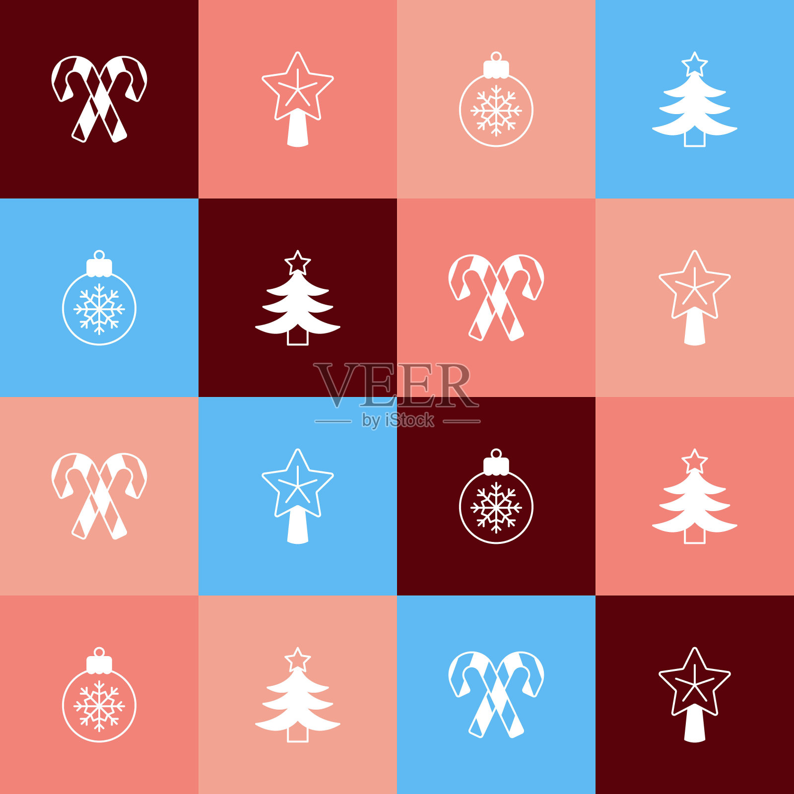 设置波普艺术糖果拐杖条纹，圣诞明星，球和树的图标。向量插画图片素材