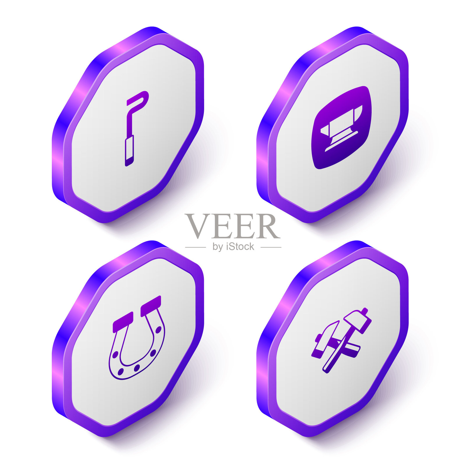 设置等距火棍，铁匠铁砧工具，马蹄铁和十字锤图标。紫色的六角按钮。向量图标素材