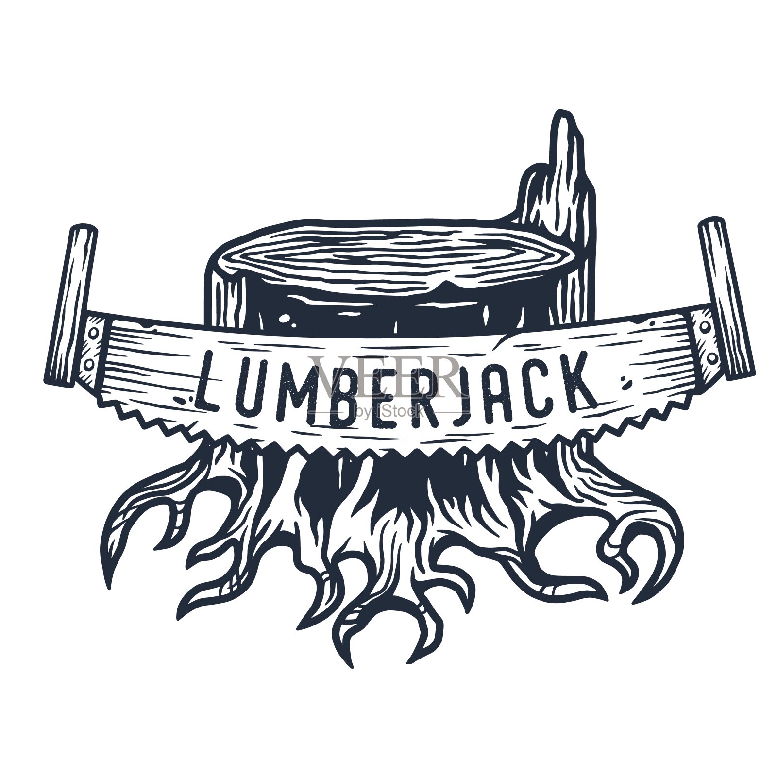 伐木工木材带根和锯的木材树桩插画图片素材