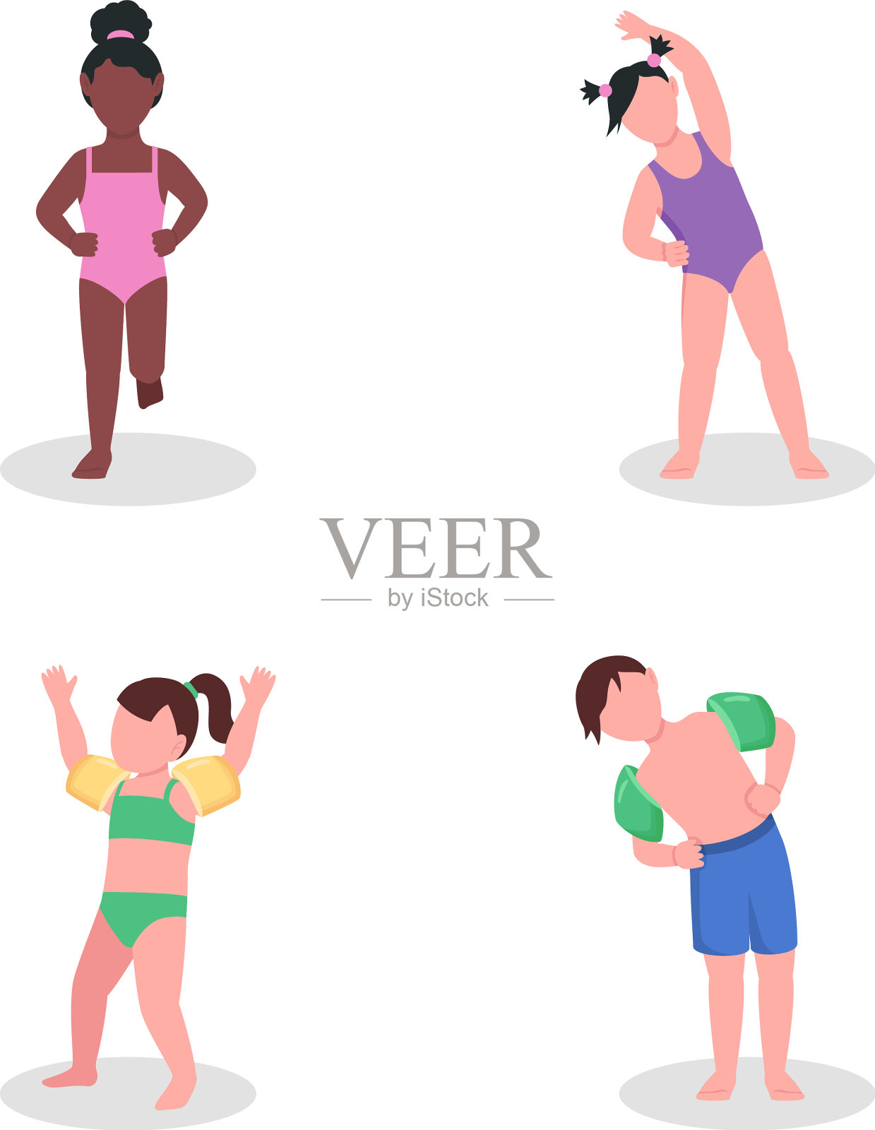 孩子在泳装半平面颜色字符集插画图片素材