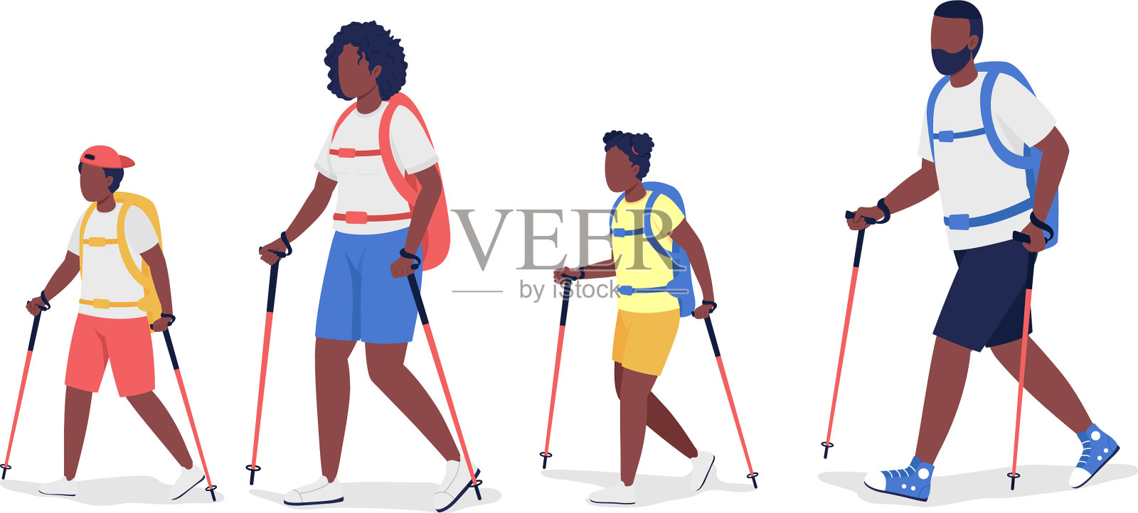 背包客家庭徒步半平色插画图片素材