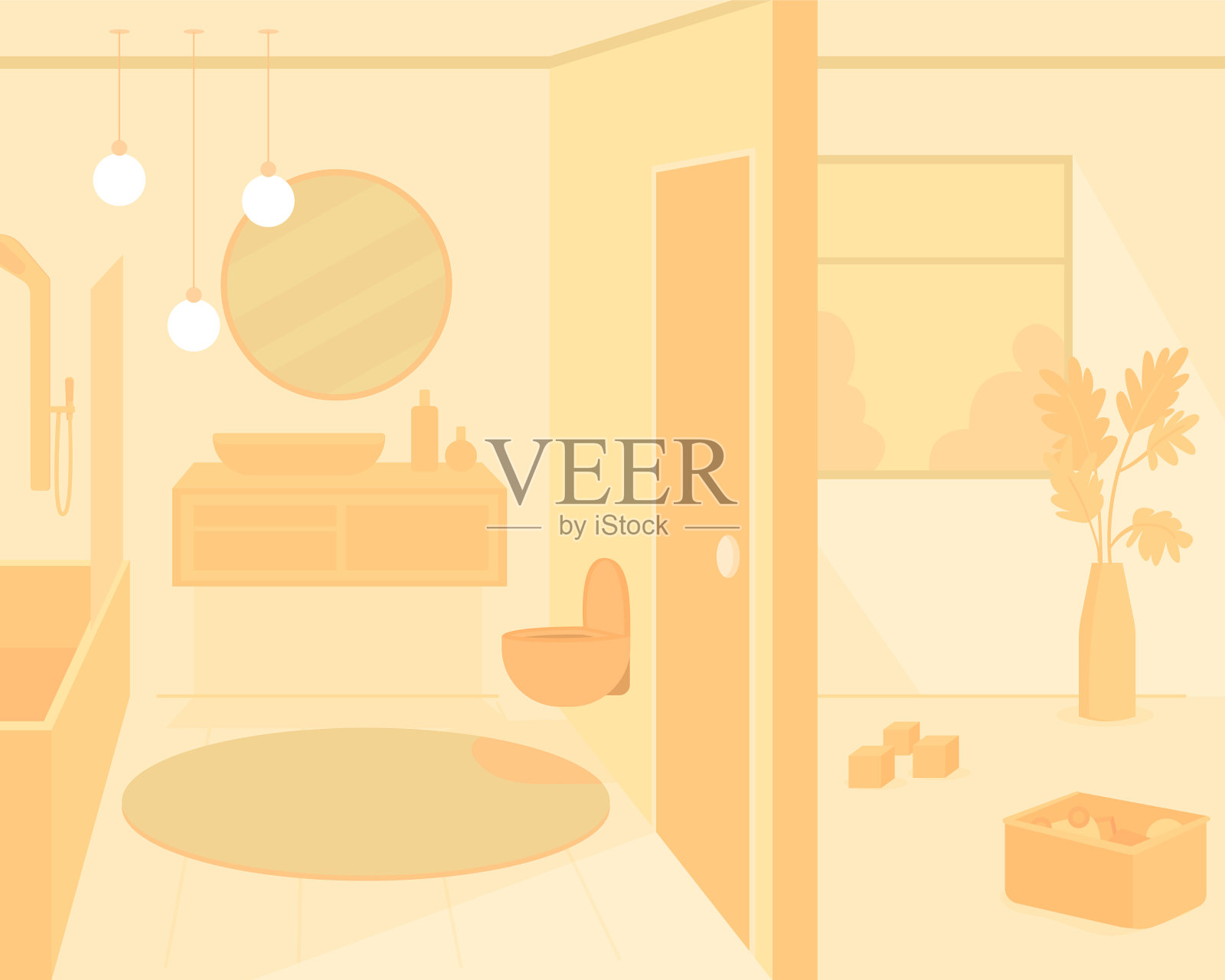 橙色单色浴室平面颜色插画图片素材